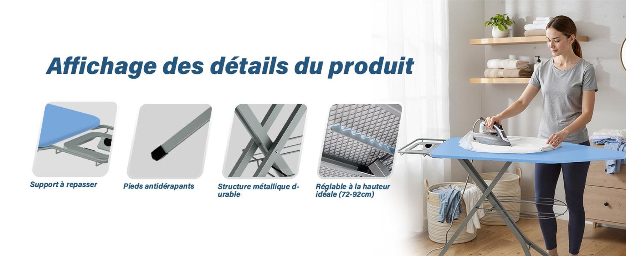 STANEW Table à Repasser 120 x 45 cm,Planche à Repasser Pliable,pour Centrale Vapeur,Système Anti-Fermeture,Hauteur Réglable,avec Housse en 100% Coton
