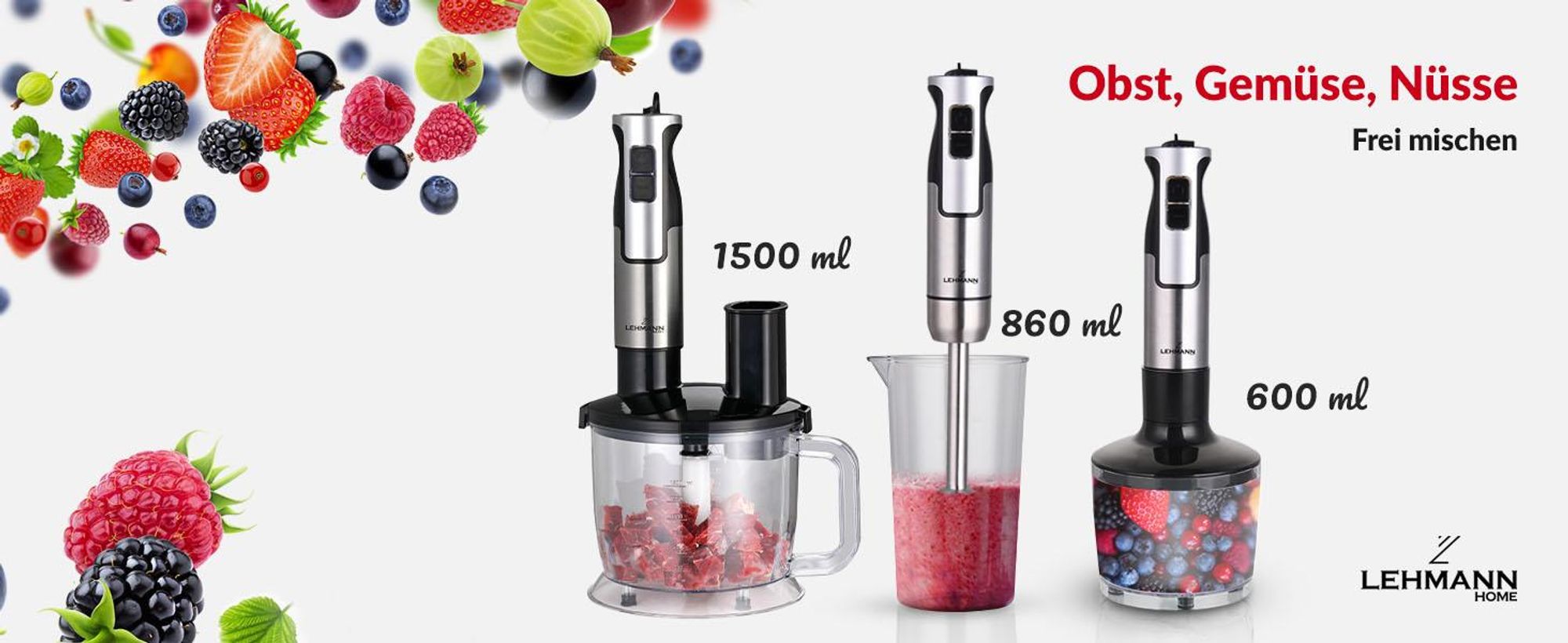 LEHMANN Set Frullatore a Immersione, Funzione turbo e regolazione della velocità, set di accessori, 1200W