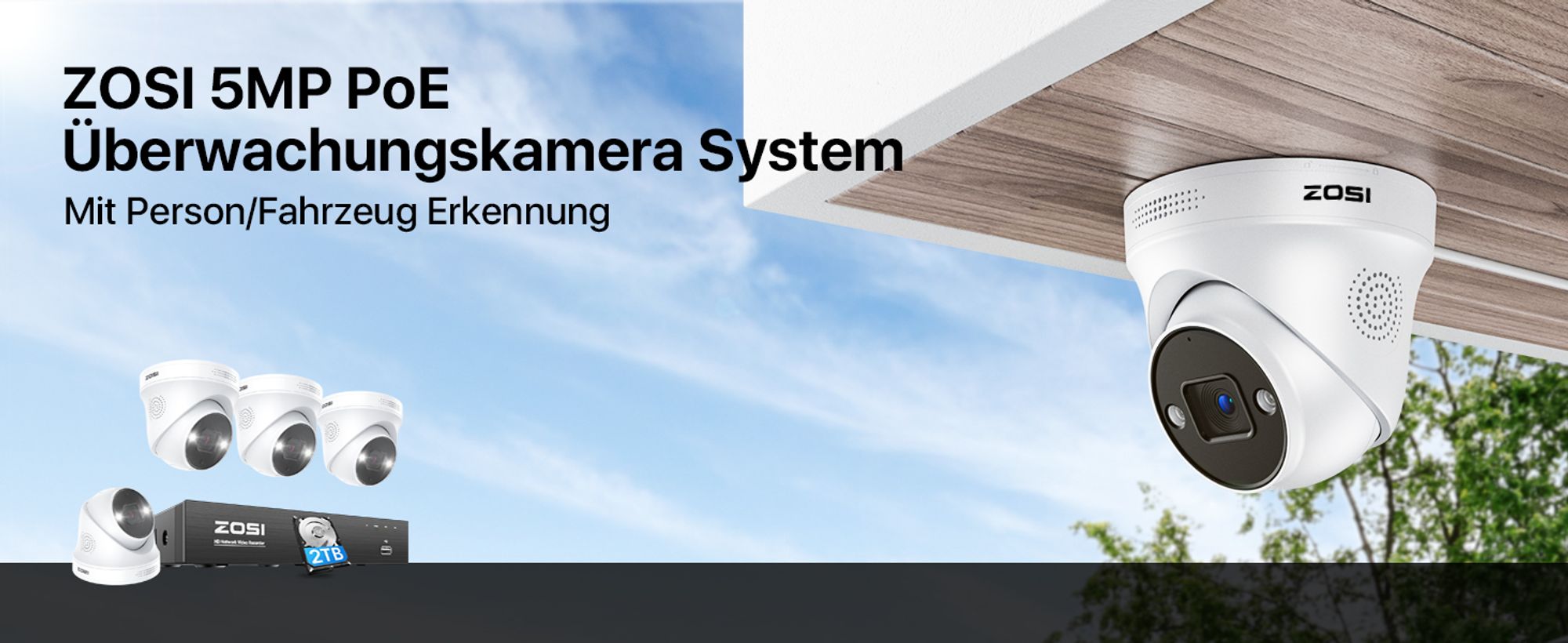 ZOSI 5MP Überwachungskamera Set, Videoüberwachung mit 4X 5MP PoE IP Kamera und 8CH 2TB HDD NVR, Personen- und Fahrzeugerkennung, Spotlight Alarm