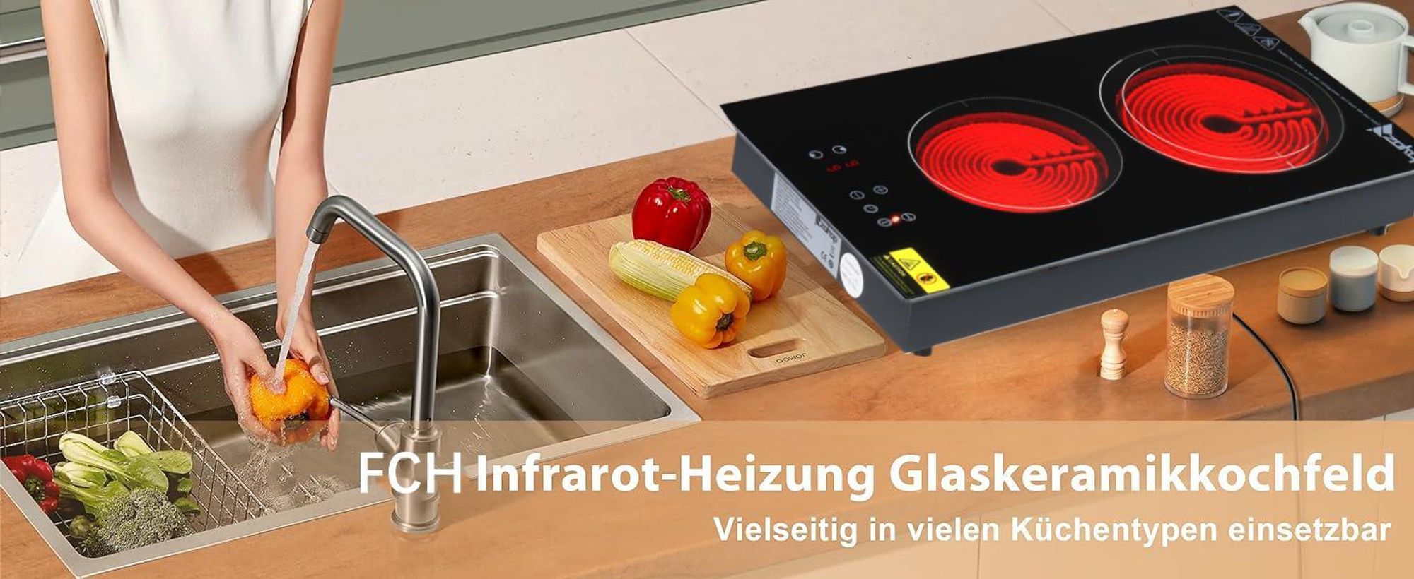 Kochplatte Elektroherd Doppel Keramikplatte mit Glaskeramik Tragbar Keramikplatte Kochfeld Keramikplatte Herdplatte Kochplatte Elektrokochfeld 3000W