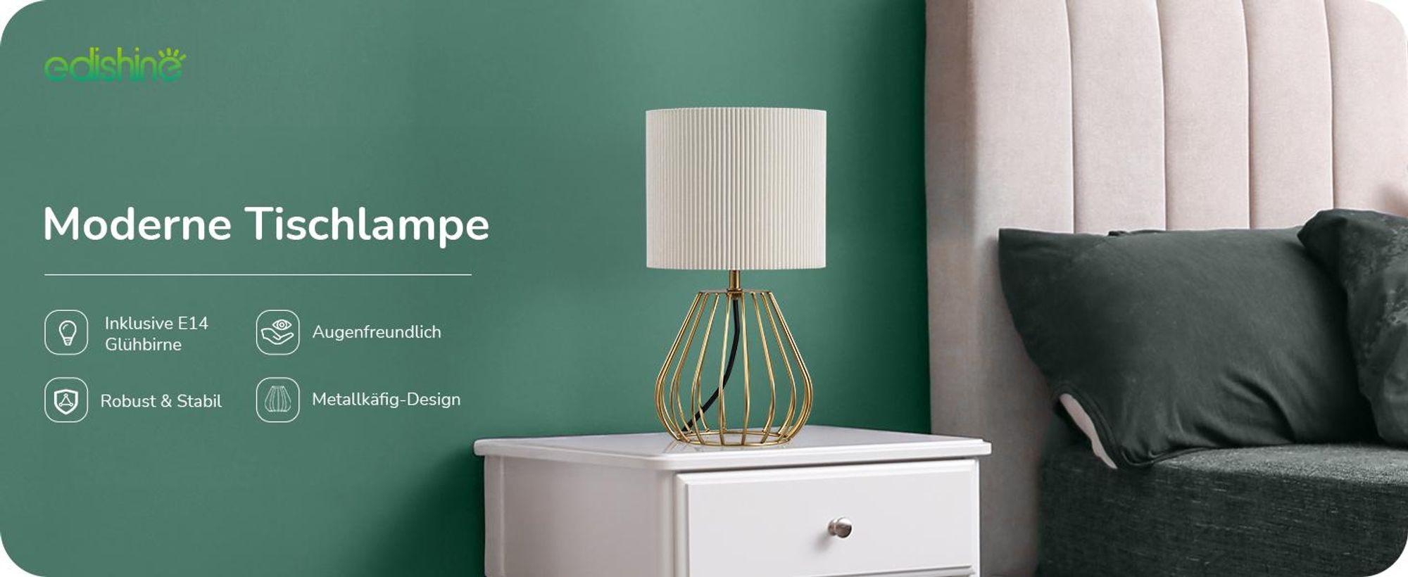 EDISHINE Tischlampe mit Kabelschalter, Nachttischlampe aus Metall, Deko Tischleuchte für Wohnzimmer