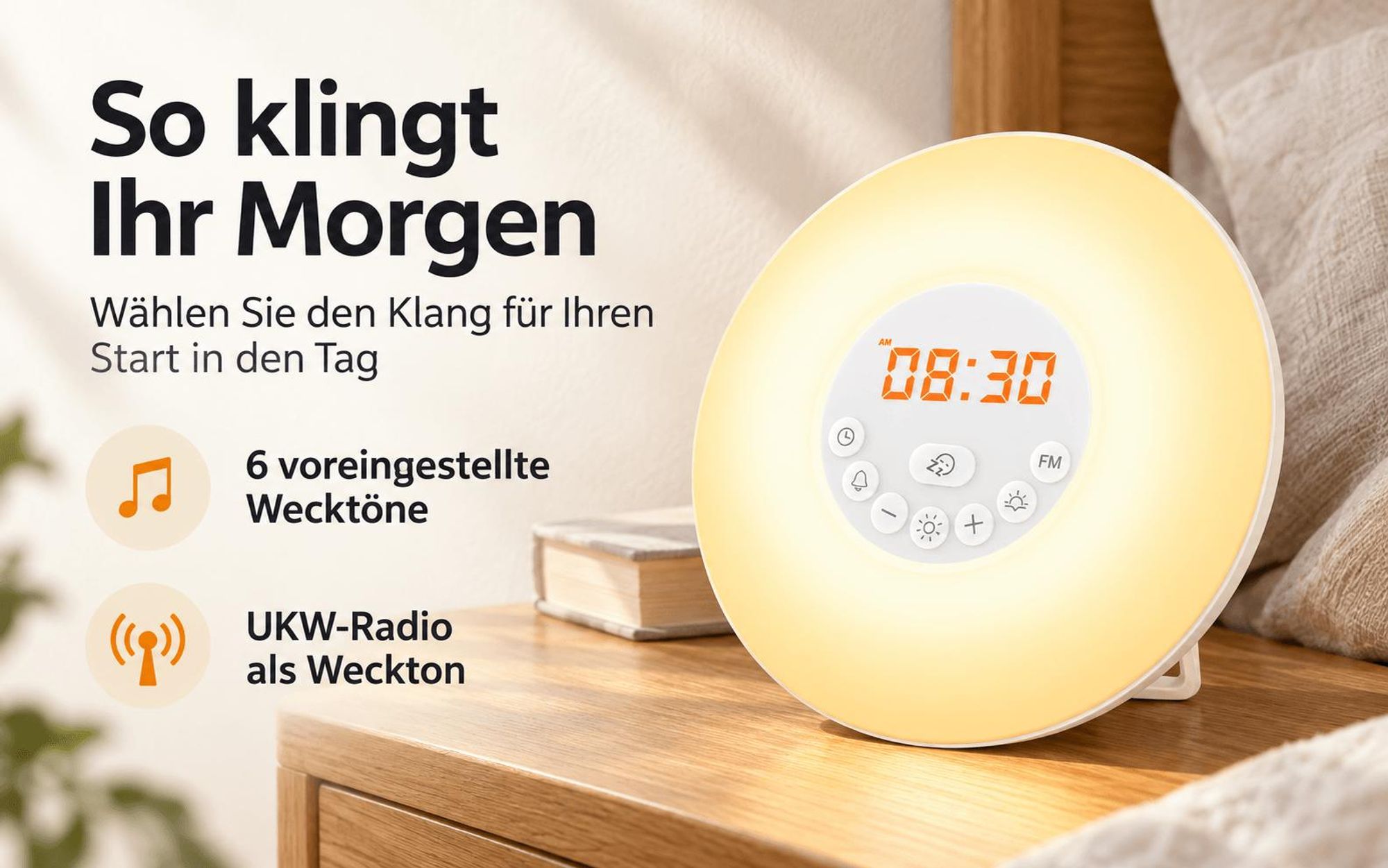 Lichtwecker mit 30-Minuten-Sonnenaufgang, FM-Radio, 6 Wecktöne, 7 Lichtfarben, 10 Helligkeitsstufen, Sonnenuntergang