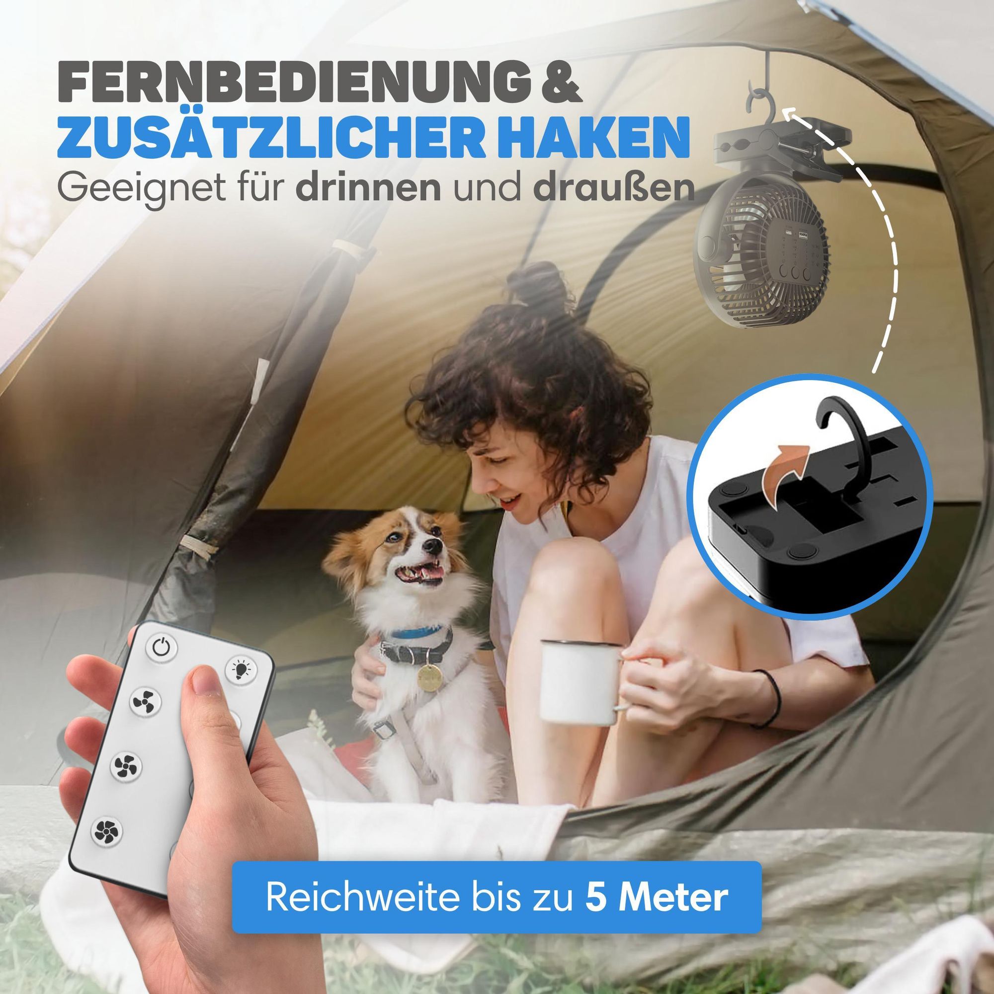 Vulpes Goods Mini Ventilator, Tischventilator, Handventilator, Wiederaufladbar, 3 Geschwindigkeiten, Verlichting, Powerbank-Funktion, 12000 mAh