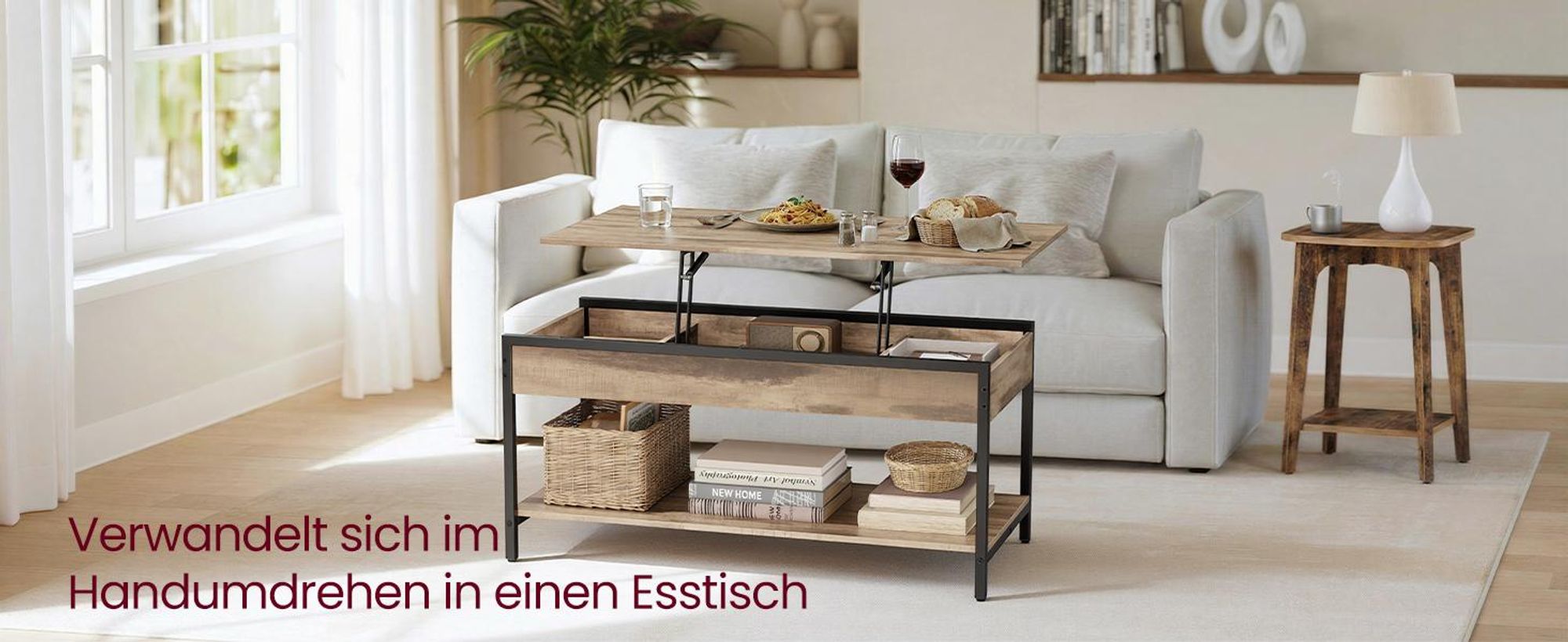 VASAGLE Wohnzimmertisch mit Stauraum, höhenverstellbarer Sofatisch, Couchtisch für Wohnzimmer, 100 x 50 cm, kamelbraun-schwarz