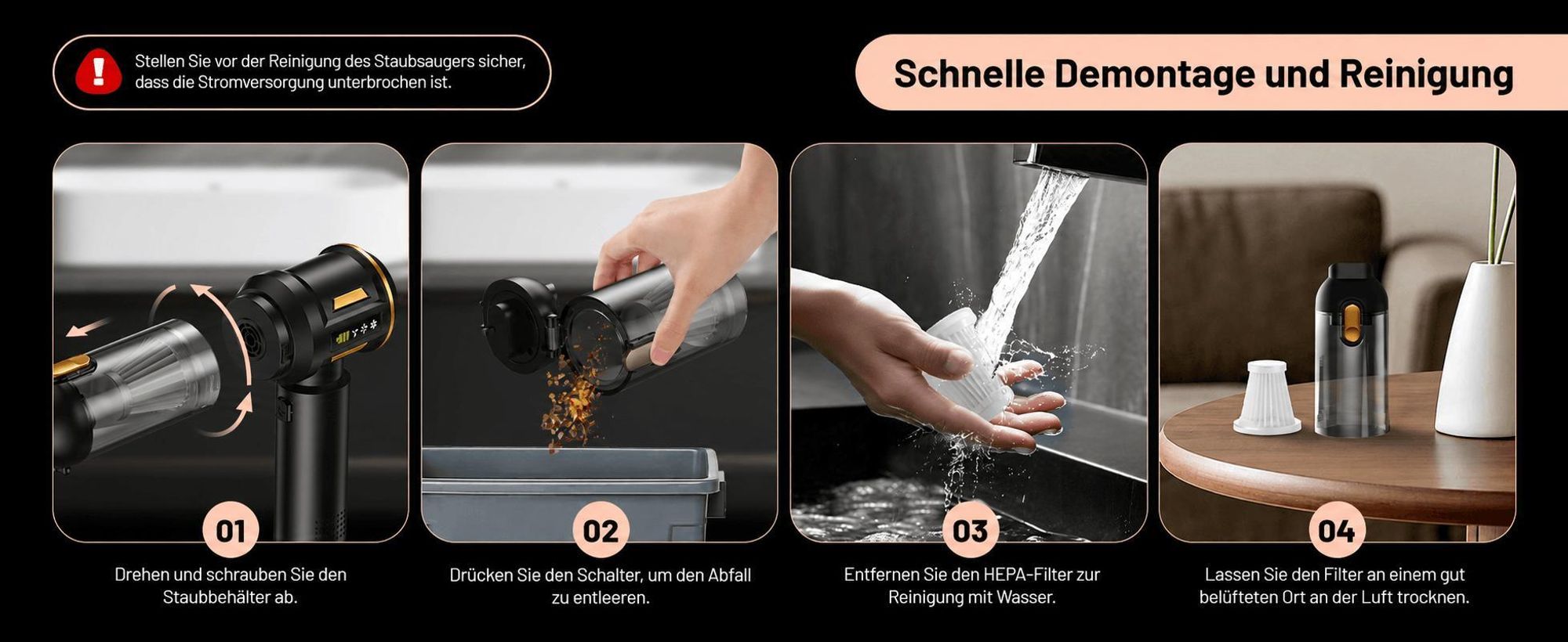 22000Pa Handstaubsauger, 4 in 1Autostaubsauger Kabelloser, 80.000 U/min Bürstenloser Motor, Mini staubsauger, 3 Stufen, LED anzeige, für Auto Haushalt