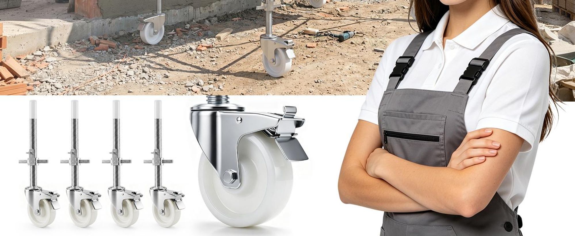 4 Stück 150 mm Gerüstrollen Lenkrolle mit Bremse| Spindel Ø 38 mm| 1000 kg Tragfähigkeit| 370 mm Höhenverstellbar| Gerüsträder für Gerüst Rollgerüst