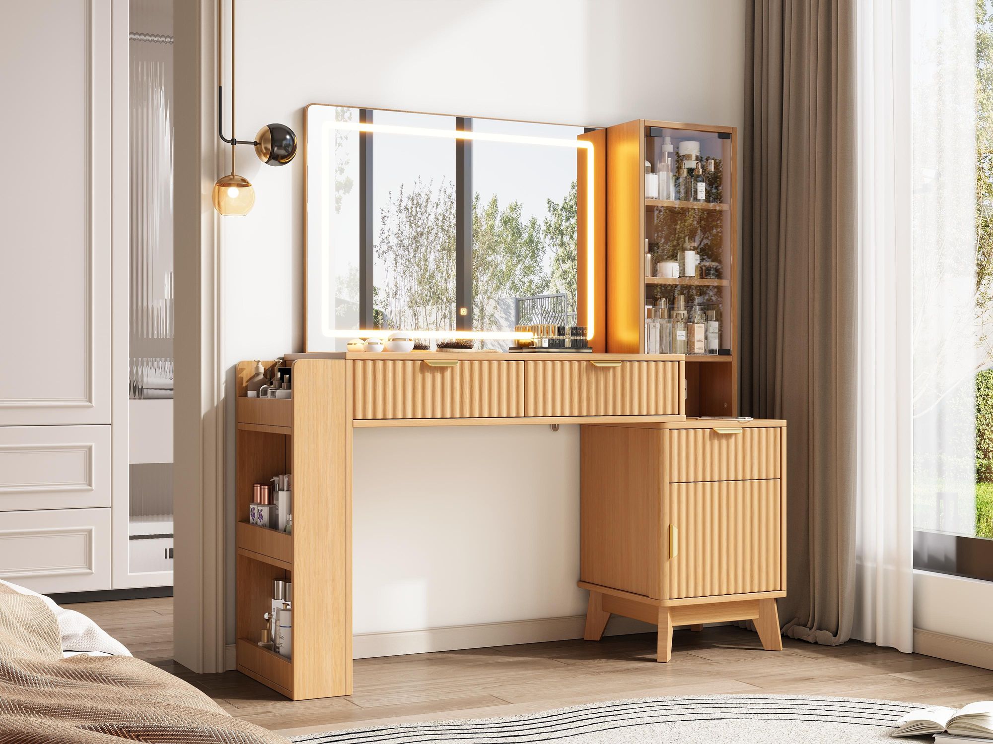Merax Schminktisch mit LED Spiegel, 3 Schubladen, Glasablagen, Steckdosen USB & Type-C, Schrankfach, Frisiertisch, Schminkkommode, Natur