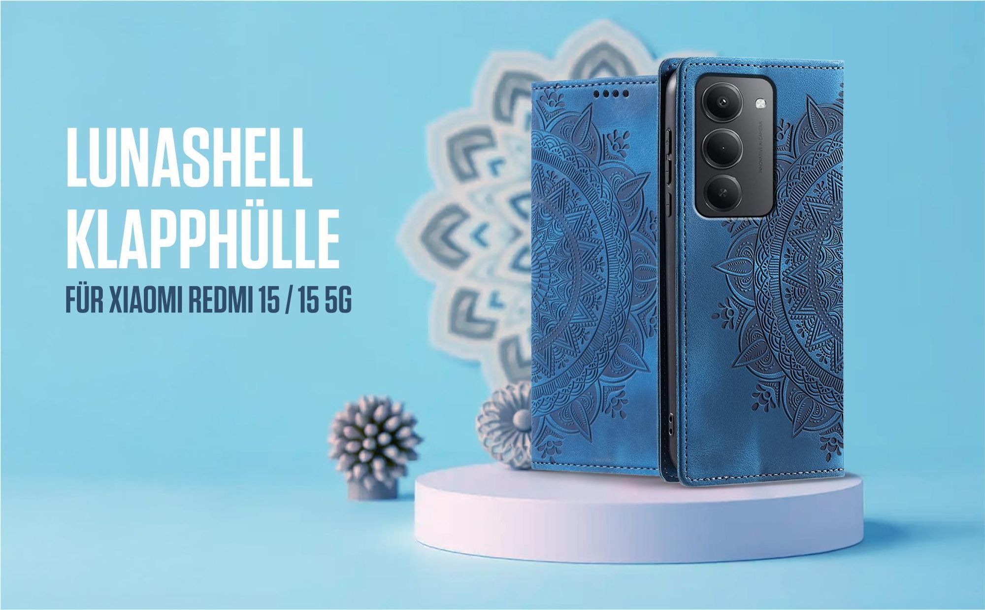 Blaue Klapphülle für Xiaomi Redmi 15 / 15 5G mit feiner Mandala Prägung