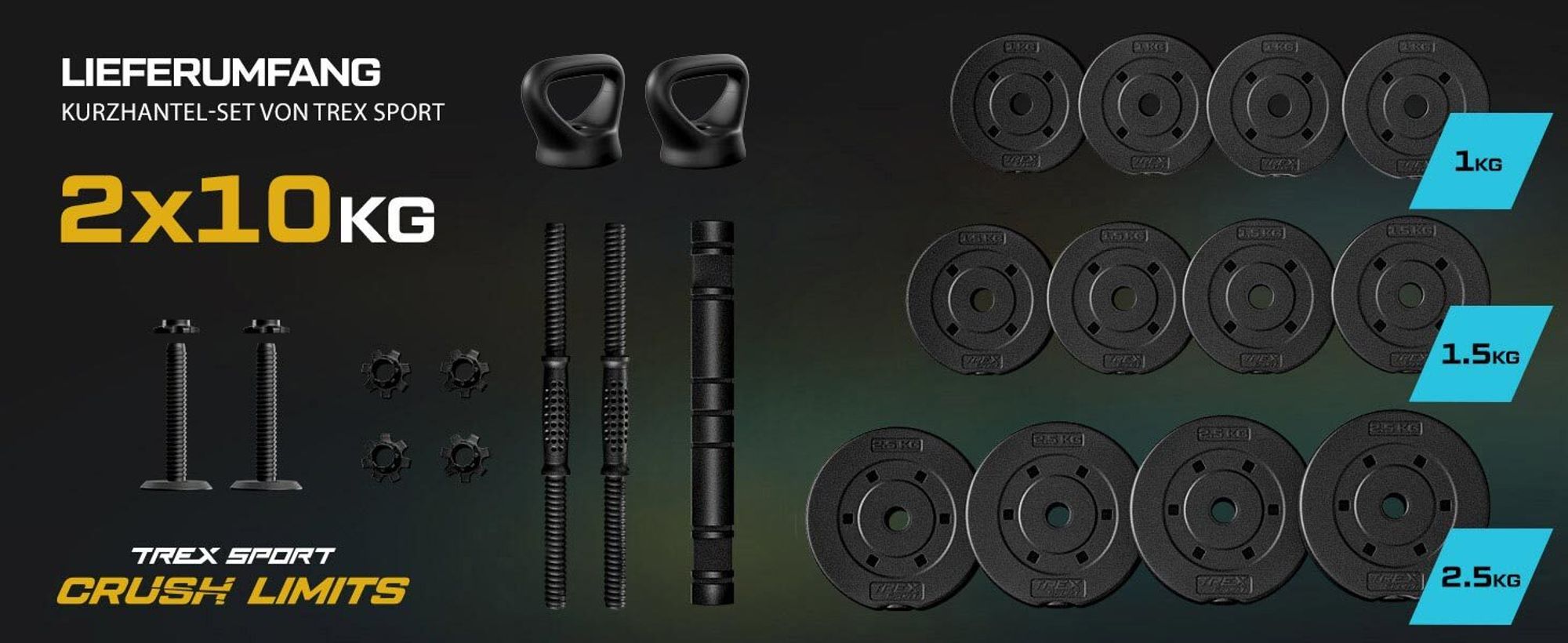 TREX SPORT Hantelset Kurzhanteln 4in1 Set | 2x10kg Kurzhantel Set, Langhantel, Liegestütze, Kettlebell | 20kg Dumbbell Hanteln Set mit Verbindungsrohr