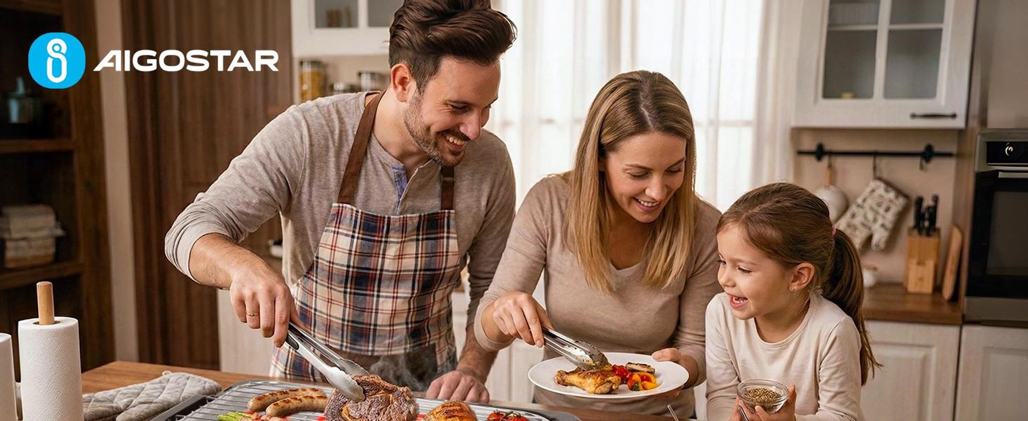 Aigostar - Rauchfreier Tischgrill Barbecue Elektrogrill Elektrischer, Antihaftbeschichtete Grillfläche , Abnehmbarer Fettauffangschale, 2000W