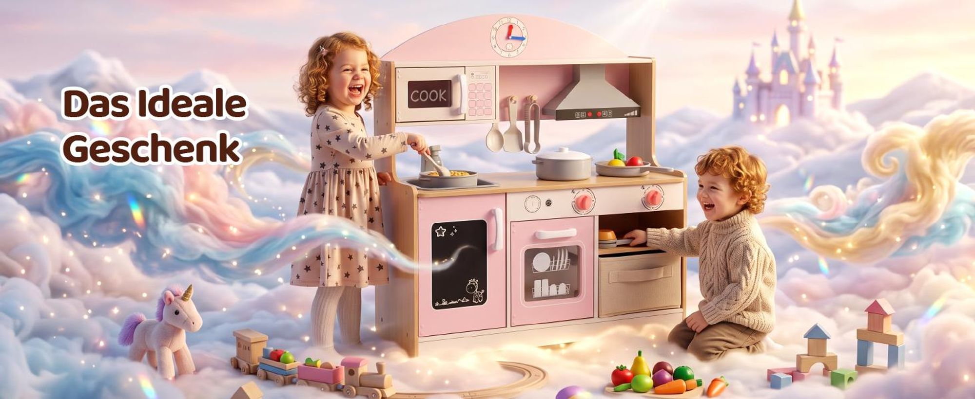 LEADZM Multifunktionale Holz-Spielküche ab 3 Jahre, realistische Koch-Spielanlage mit Mikrowelle, Spüle, Tafel und umfangreichem Zubehör