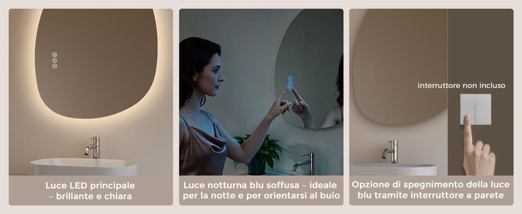 S'AFIELINA specchio da bagno con illuminazione 75×55cm Specchio da parete con interruttore a LED 3 colori di luce e dimmerabile, antiappannamento e funzione memoria