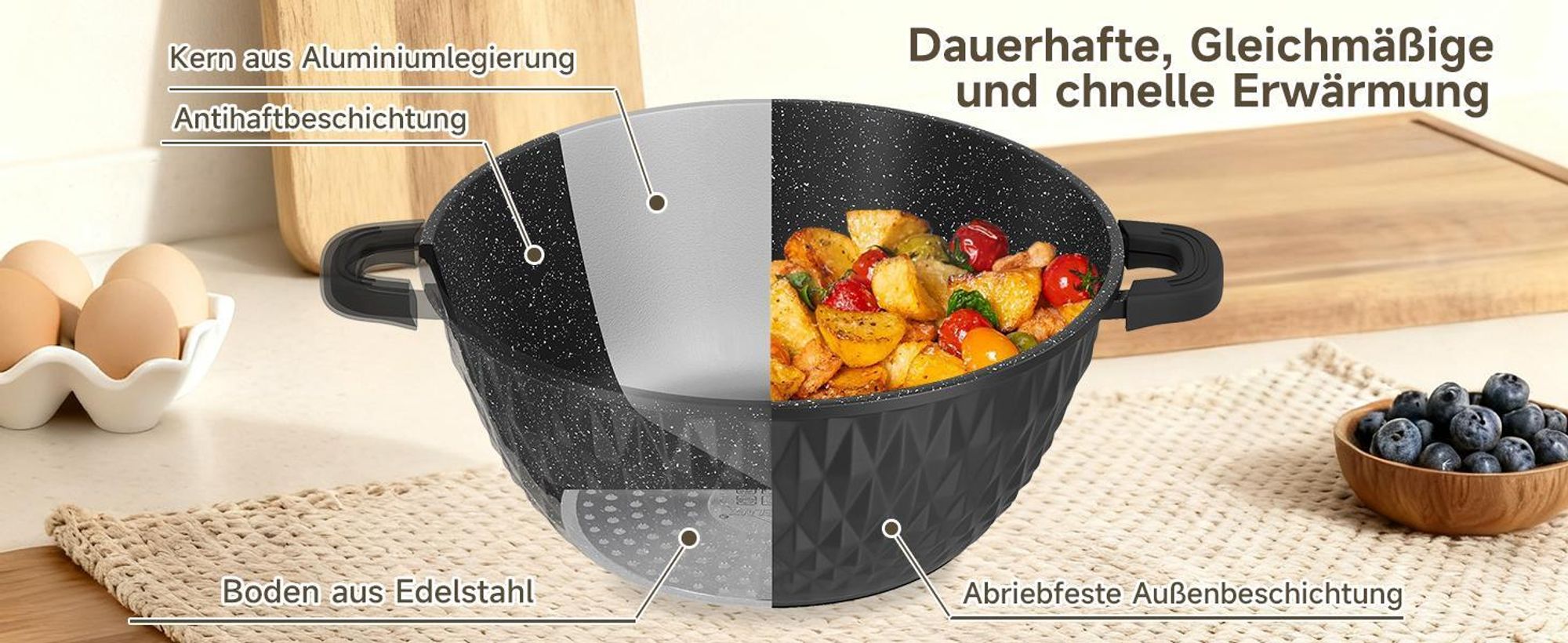 HOMELUX Topfset Induktion 8-teilig, 20/24/28/32cm Kochtopf Set mit Antihaftbeschichtet, Kochtöpfe Induktions für Alle Herdarten, Diamantform & Schwarz