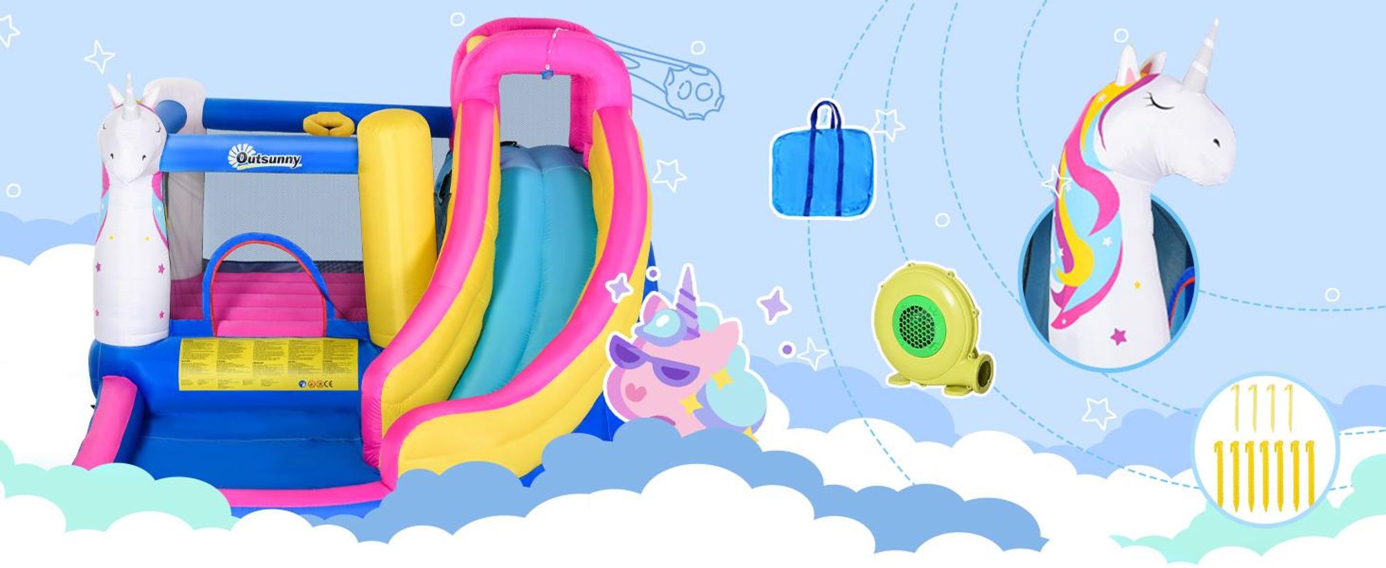 Dmuchany zamek Outsunny z dmuchawą dla dzieci Nadmuchiwany park wodny ze zjeżdżalnią wodną Brodzik Trampolina Kosz do koszykówki Dmuchane zamki do wewnątrz i na zewnątrz Zamek sprężynowy Odpowiedni dla 3 dzieci w wieku od 3 do 8 lat