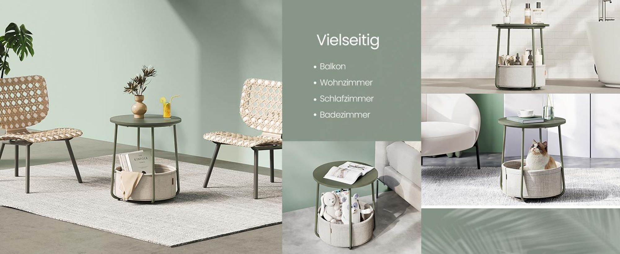 VASAGLE Beistelltisch, rund, mit Korb, Ø45 cm, Waldgrün-Cremeweiß