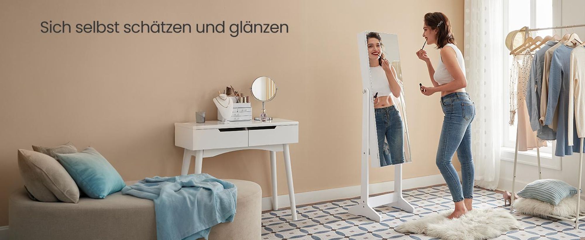 SONGMICS Schmuckschrank Spiegelschrank stehend 2 Organizern, abschließbar