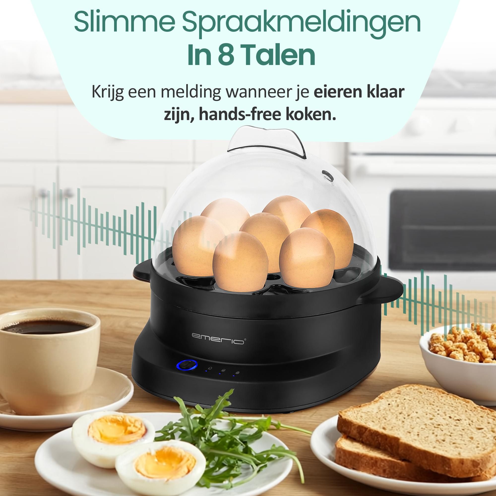 Emerio Eierkoker EB-131811.1 – 7 Eieren – 350 W – Meertalige Spraakfunctie – Automatische Uitschakeling – Zwart