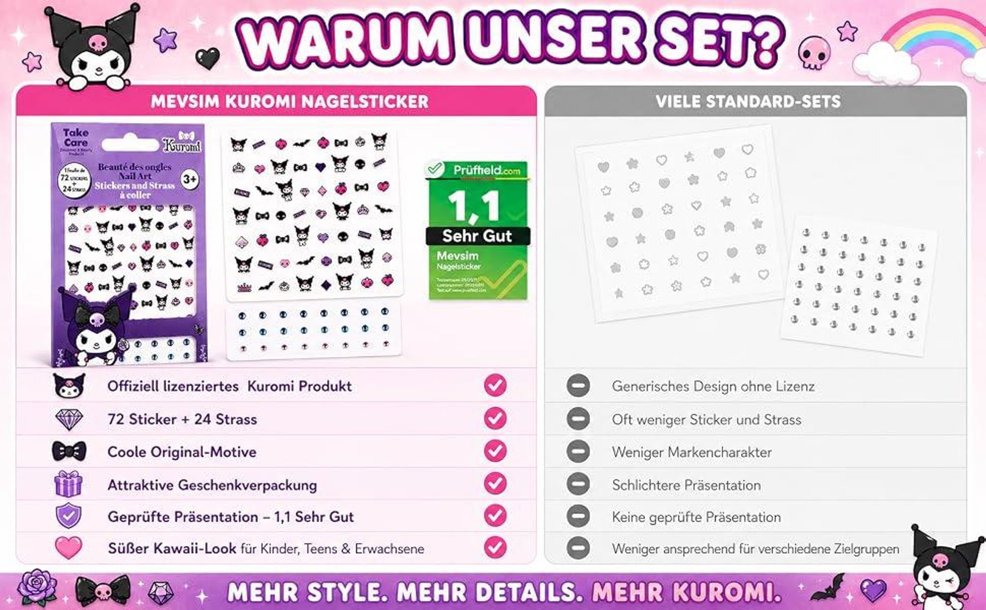 Kuromi Nagelsticker Set – 72 Sticker + 24 Steinchen – Offiziell Lizenziert