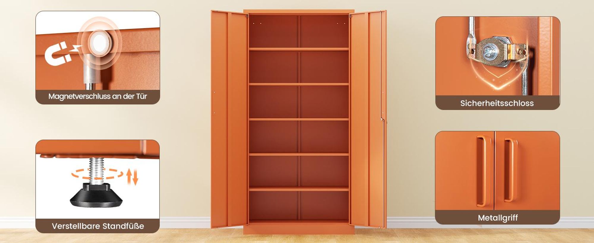 Yizosh Stahlschrank für Büro & Werkstatt | 78x39x170 cm | 6 Böden (à 80kg) | Orange
