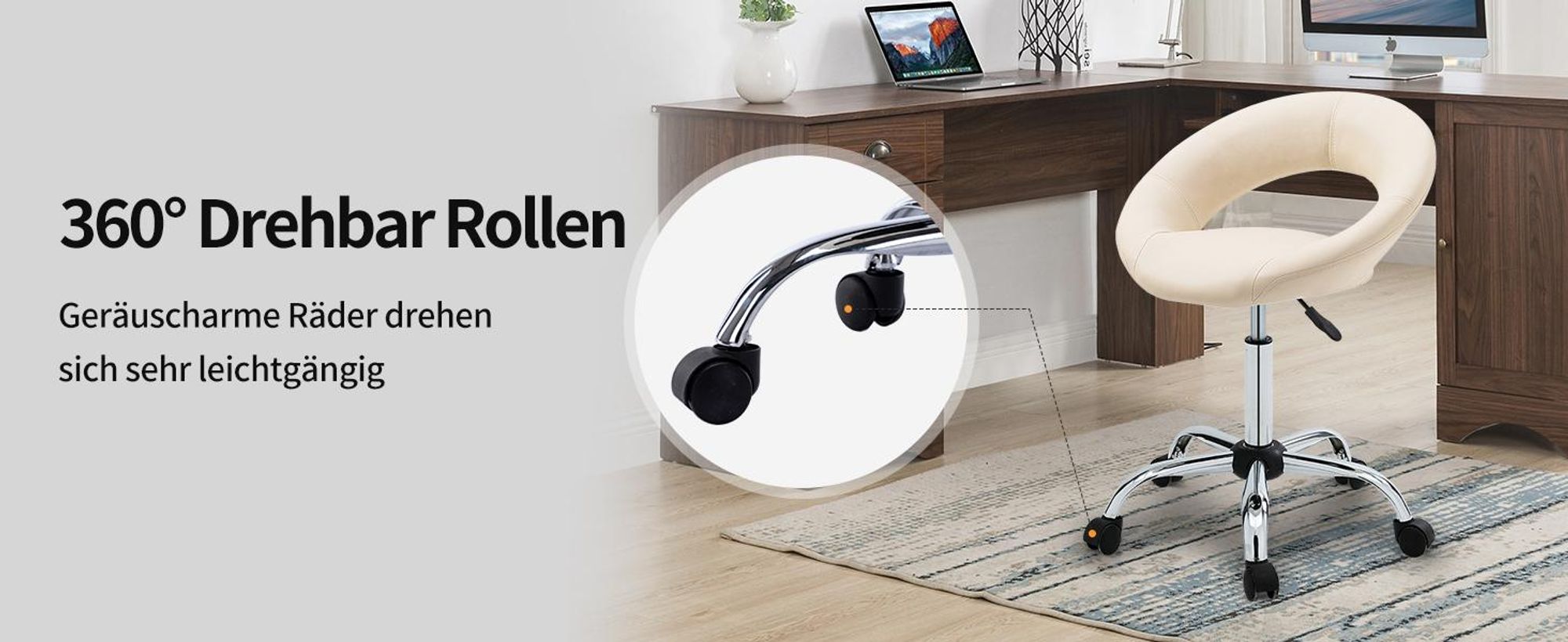 Duhome Rollhocker Drehhocker Schminkhocker Kunstleder Drehstuhl mit Lehne Bürohocker Höhenverstellbar, Creme