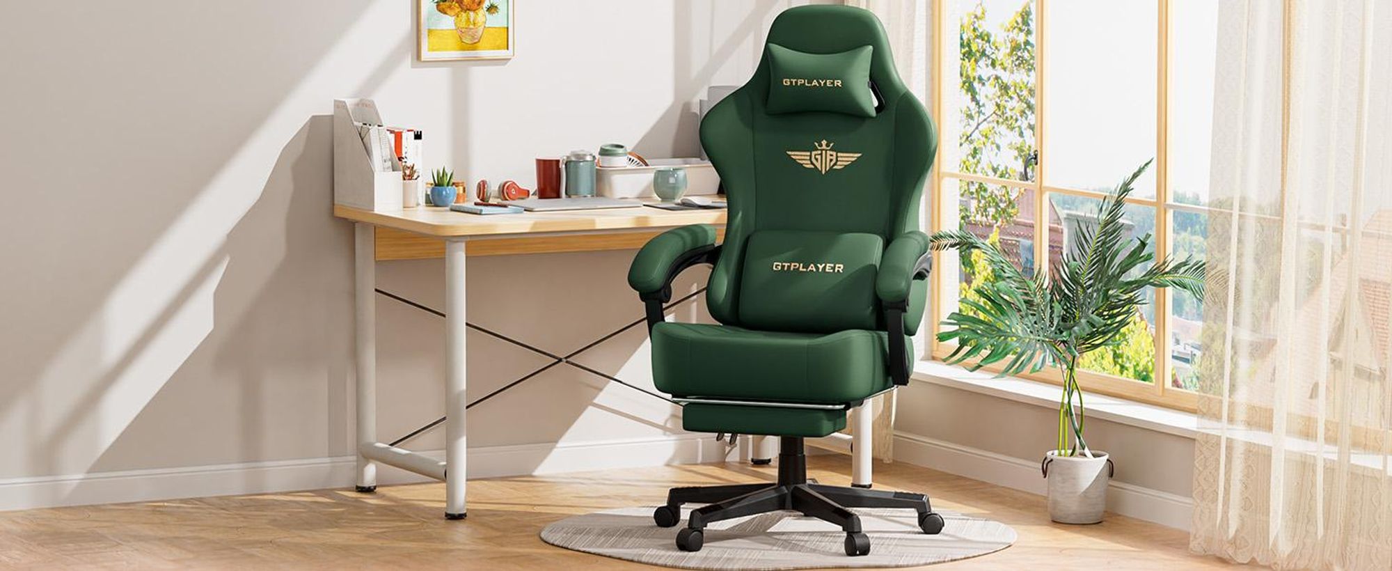 GTPLAYER Gaming Stuhl Ergonomischer Gaming Sessel Schreibtischstuhl Bürostuhl mit Kunstleder Federsitzkissen, Verbindungsarmlehnen, mit Fußstütze