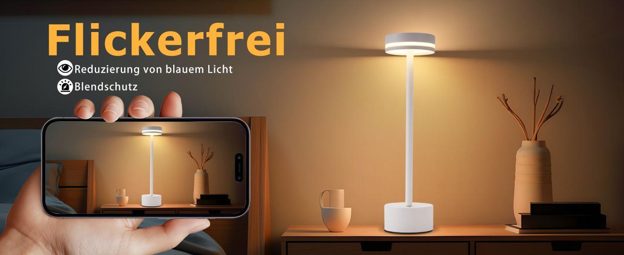 ZMH Tischlampe Kabellos LED Tischleuchte Akku Nachttischlampe Dimmbare mit USB-C Aufladbar Batterie Touch Lampe Weiß Tischlampen für Schlafzimmer Esszimmer Büro