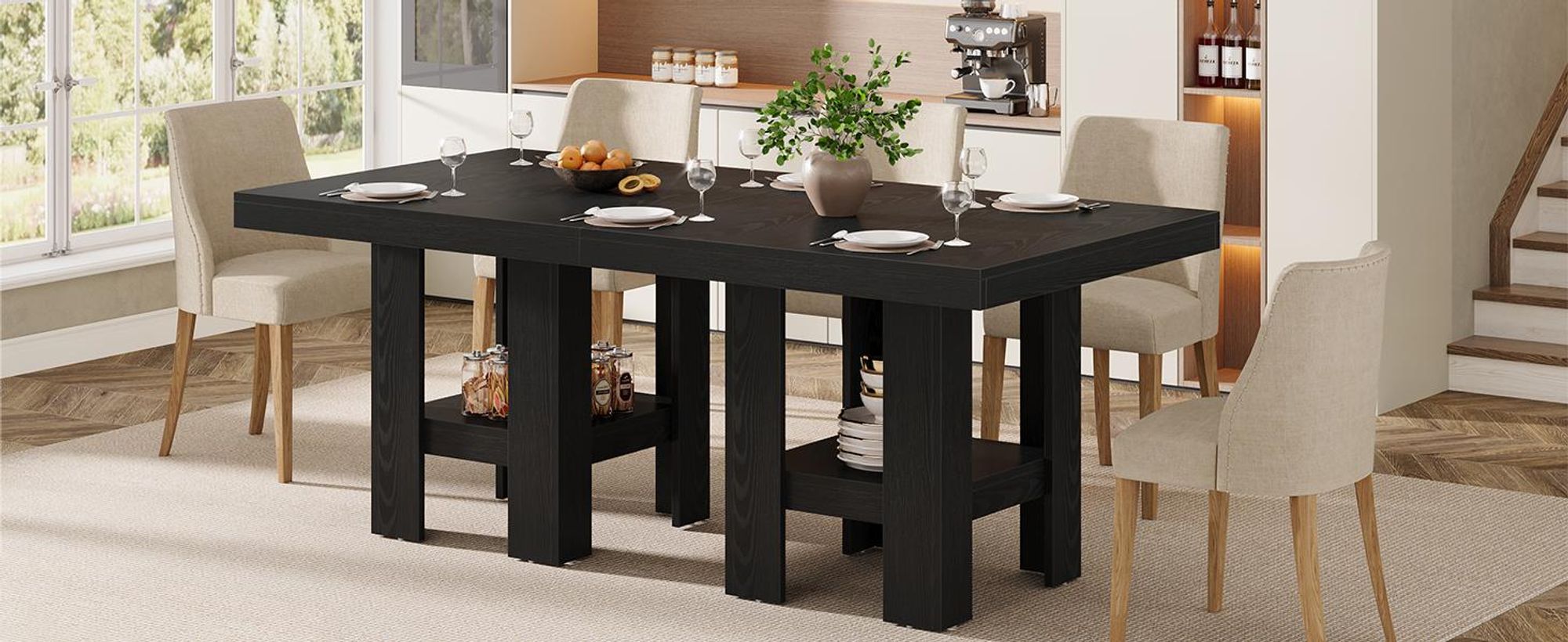 80 cm großer quadratischer Esstisch für 4 Personen, Küchentisch mit Ablagefach, Esszimmermöbel für Wohnzimmer und Restaurants, schwarz