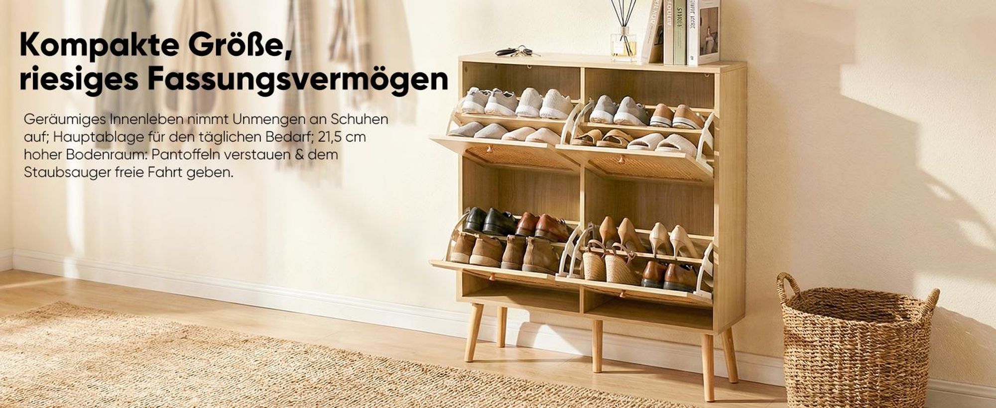 HOKEEPER Schuhschrank Schmal, Schuhregal mit 4 Klappen, Schuhkipper mit Verstellbar, Schuhaufbewahrung Holz, Schuhablage Schuhkommode für Eingang