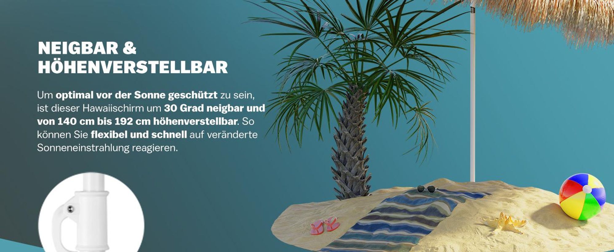 KINGSLEEVE® Sonnenschirm Hawaii Ø160cm Neigbar Höhenverstellbar UV Schutz 30+ Groß Rund Balkon Strand Strohschirm Strandschirm Bast Hawaiischirm Braun