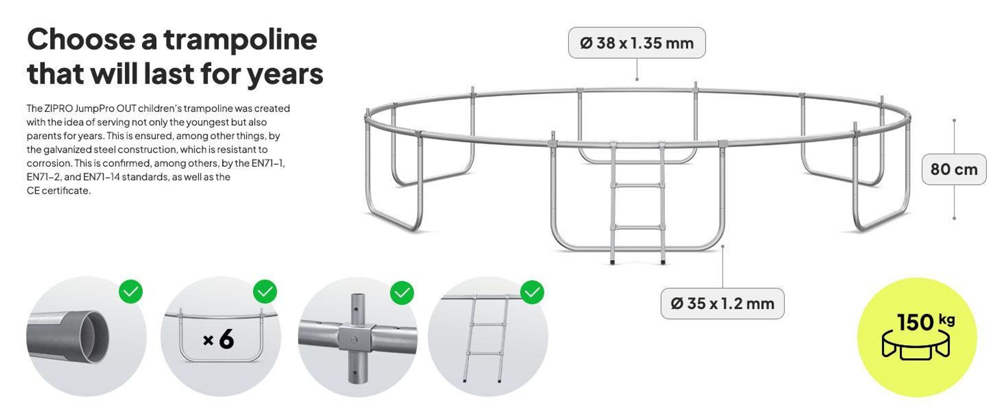 ZIPRO Trampolína Jump Pro Out | 14FT Ø 435 cm | Zahradní trampolína Dětská trampolína Kompletní sada včetně vnější sítě, žebříku a krytu okraje, venkovní, zelená