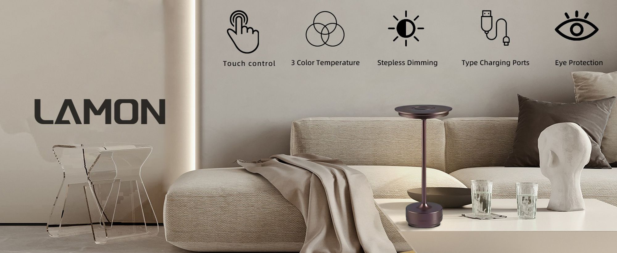 Kabellose Dimmbare LED Akku Tischleuchte Touch Tischlampe Lampe Wohnzimmer Nachttischlampen Dreifarbiges Licht braun