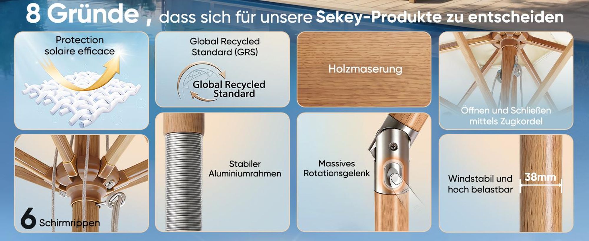 Sekey Balkonschirm 200 cm Ø Holzoptik, Knickbar, Stabiler Gartenschirm, UV-Schutz 50+, Sonnenschirm für Terrasse und Hof, Creme