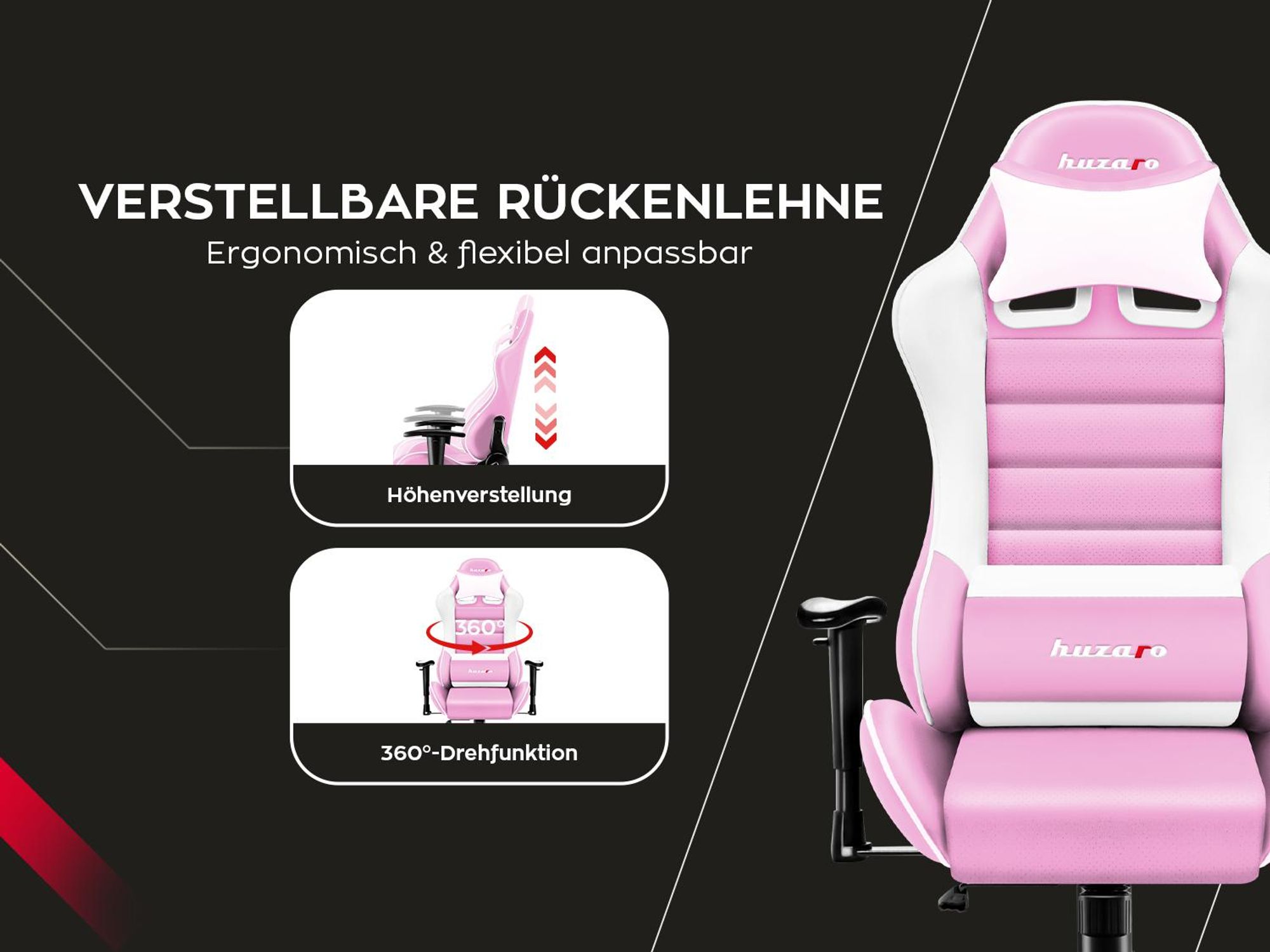 Huzaro Kinder Schreibtischstuhl Ranger 6.0 Gaming Stuhl Racing Sessel Bürostuhl Drehstuhl Gamer bis 130 kg Rosa