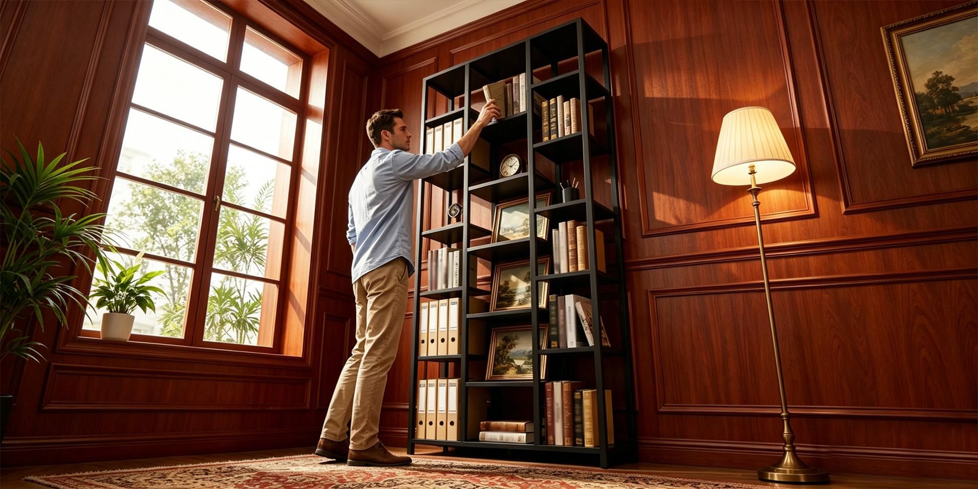 Standregal, Bücherregal 202 cm, 7 Ebenen, Schwarz mit Holzmaserung | 30 x 100 x 202 cm, 18 offene Fächer, für Wohnzimmer Büro Schlafzimmer