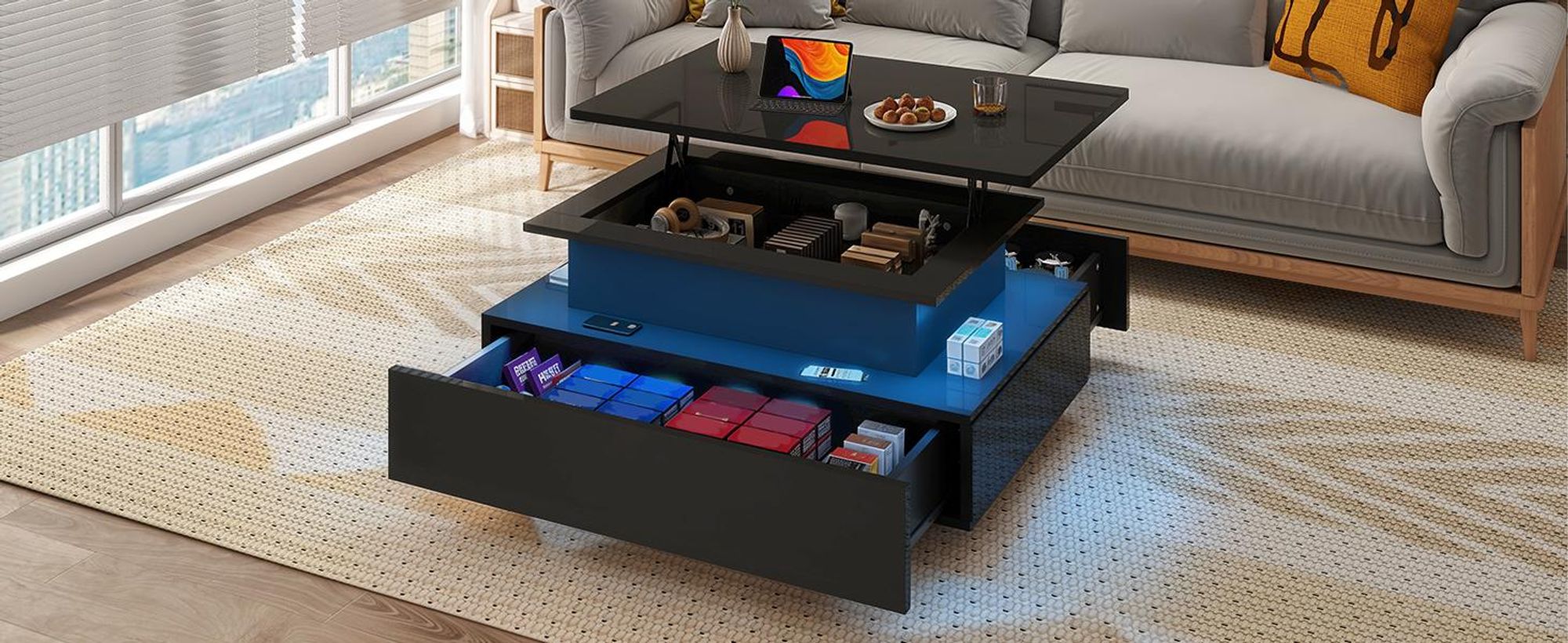 Couchtisch Wohnzimmertisch mit LED-Beleuchtung und 2 Schubladen Höhenverstellbar Tischplatte, 85x55x41-56cm, Schwarz