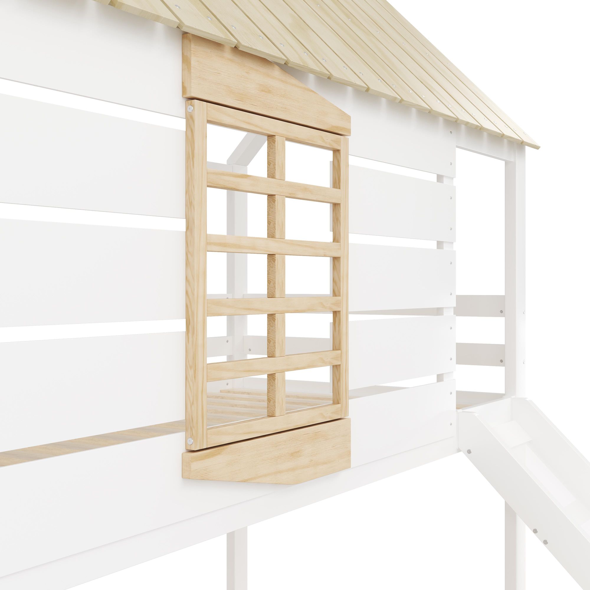 Merax Haus-Etagenbett 90x200 mit Ausziehbett, Kinderbett mit Rutsche und 2 Schubladen, Holz Jugendbett für 3 Kinder, Stockbett, Hochbett, Weiß+Natur