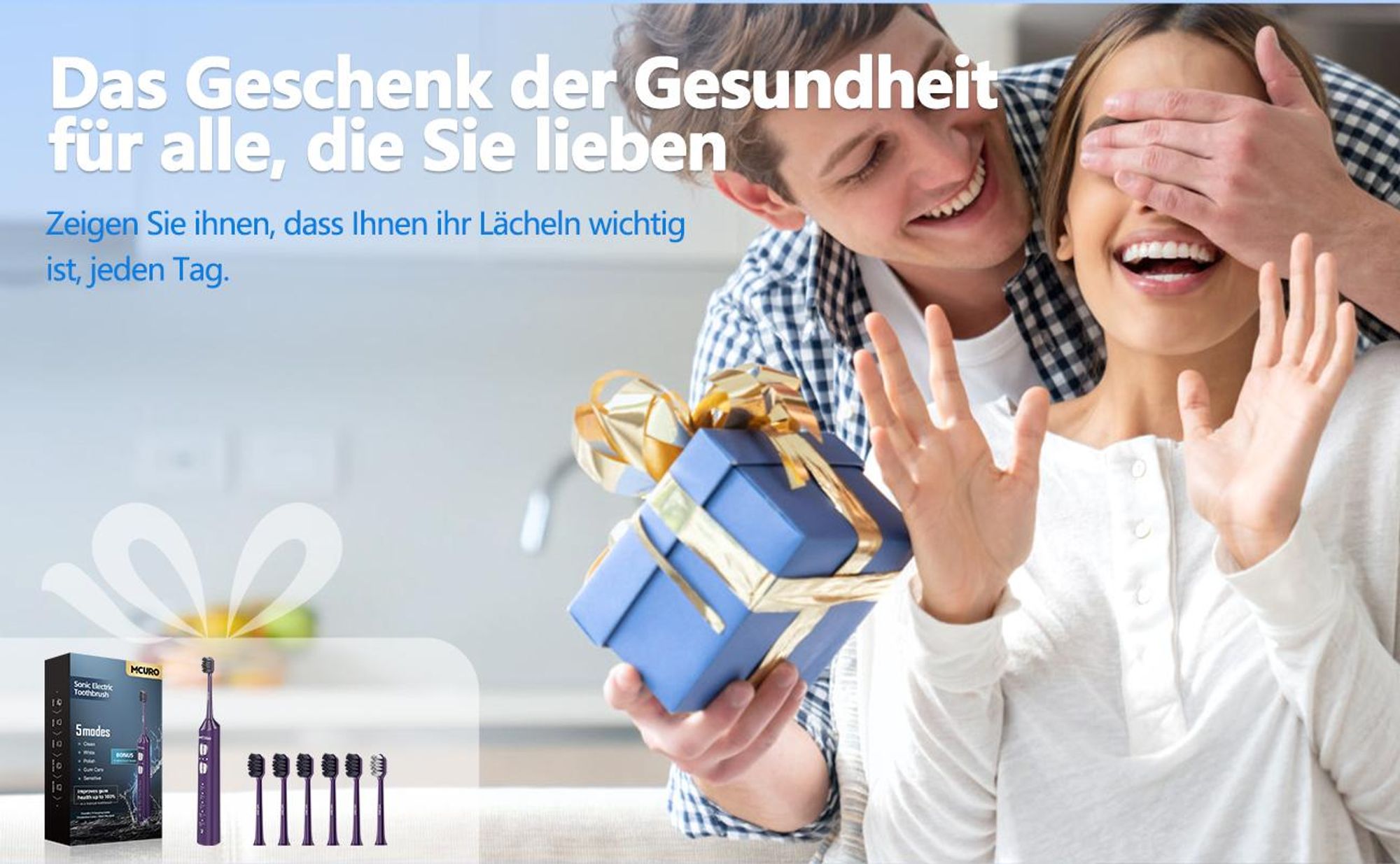 MCURO Elektrische Schallzahnbürste, wiederaufladbar, 10 Std. Ladezeit für bis zu 180 Tage Nutzung, 5 Putzmodi, Timer, 6 Bürstenköpfe, Lila