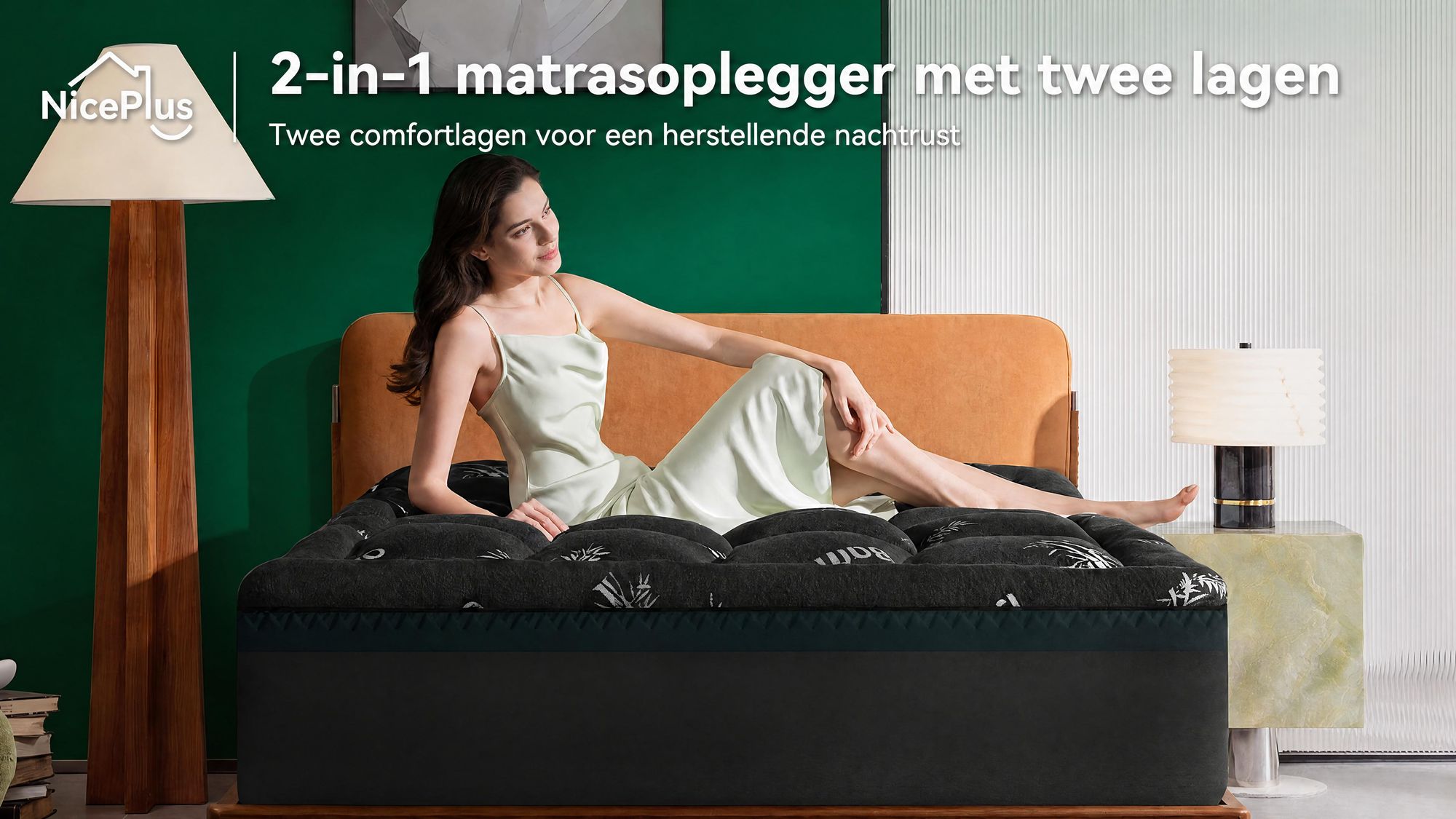 NicePlus 2-in-1 Topper, 120x200x7 cm, traagschuim met 5 zones + bamboe tijk, met hoekelastieken geschikt voor alle matrassen, H2/H3, zwart