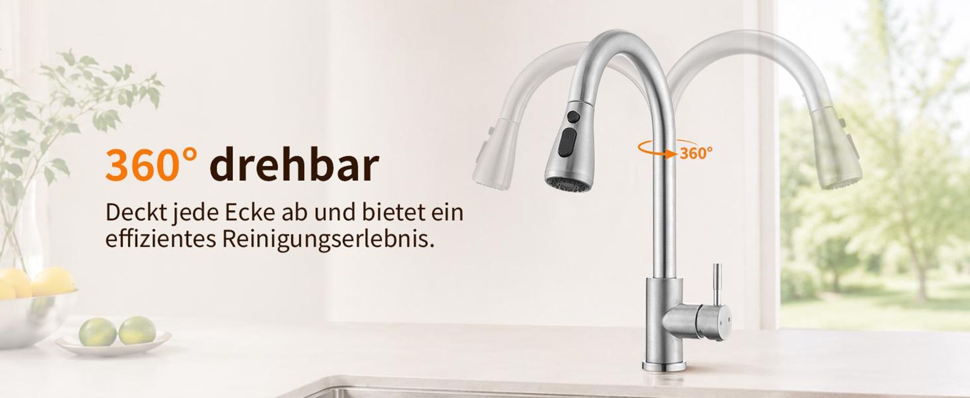Homelody Wasserhahn Küche Edelstahl,Küchenarmatur 360°Schwenkbar,Armatur Küche 3 Strahlarten Geschirrbrause,Hochdruck Mischbatterie Küche mit Brause