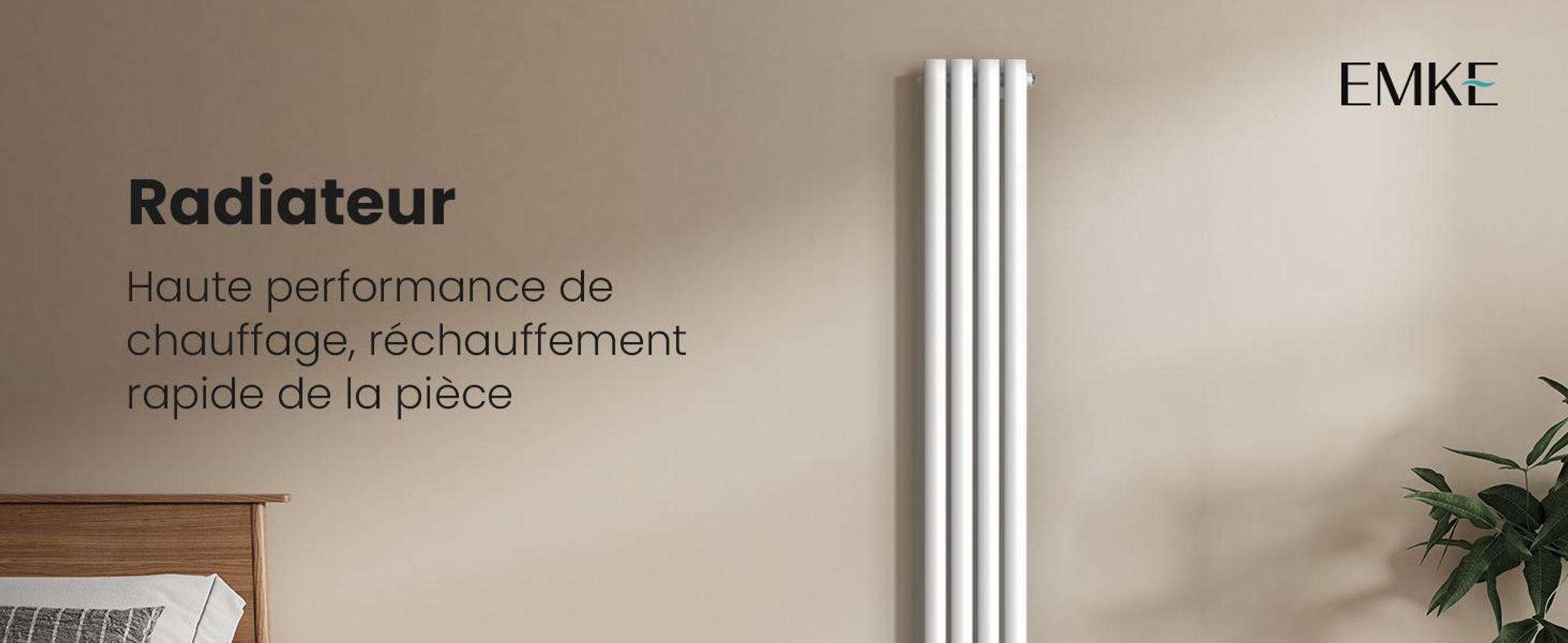 EMKE Radiateur tubulaire design pour eau chaude Raccordement central Vertical Ovale Monocouche 427 Watts 24cm x 160cm Blanc sans thermoplongeur