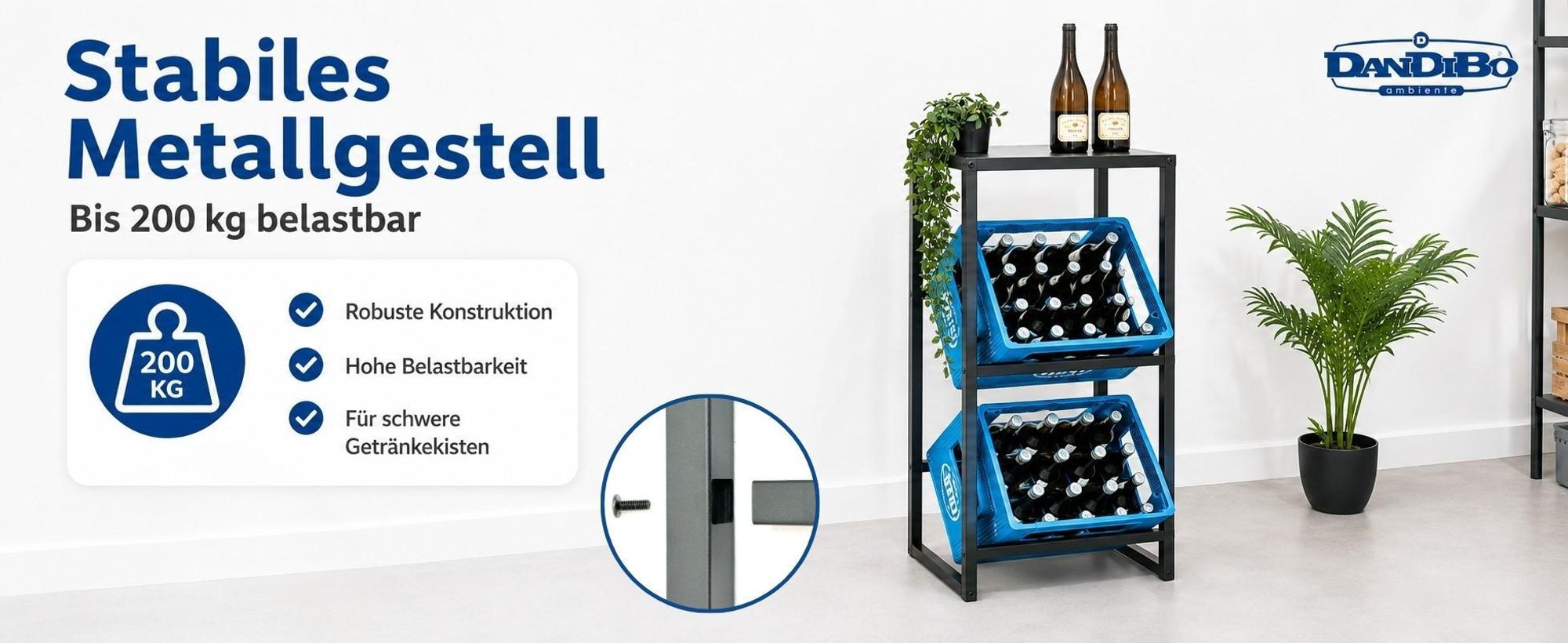 DanDiBo Getränkekistenregal 2 Kisten mit Ablage Schmal Metall Stehend 96541 Getränkekistenhalter 100 cm Getränkekistenständer Flaschenkistenregal