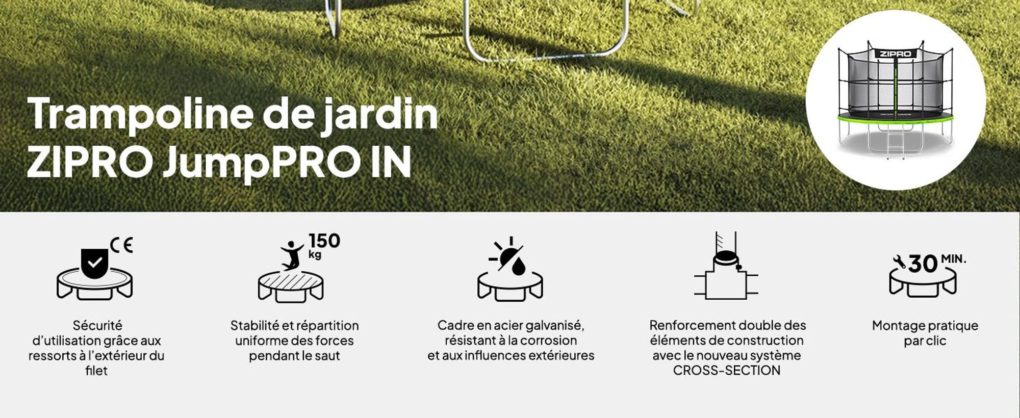 Trampoline ZIPRO Jump Pro IN | 10FT Ø 312 cm | Trampoline de jardin Trampoline pour enfants Kit complet avec filet intérieur, échelle et housse de protection, extérieur, vert