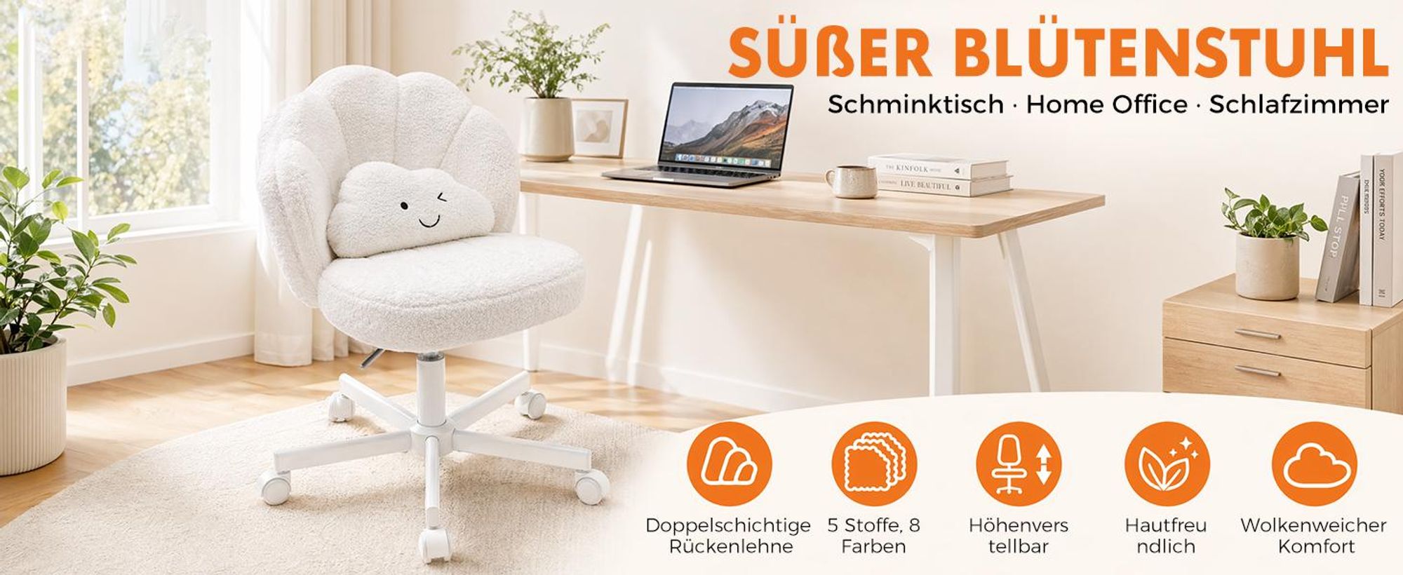 COMHOMA Bürostuhl Schreibtischstuhl, Schminkstuhl mit Rollen Doppelter Rückenlehne und Wolkenkissen, Höhenverstellbarer Drehstuhl, Teddystoff, Weiß