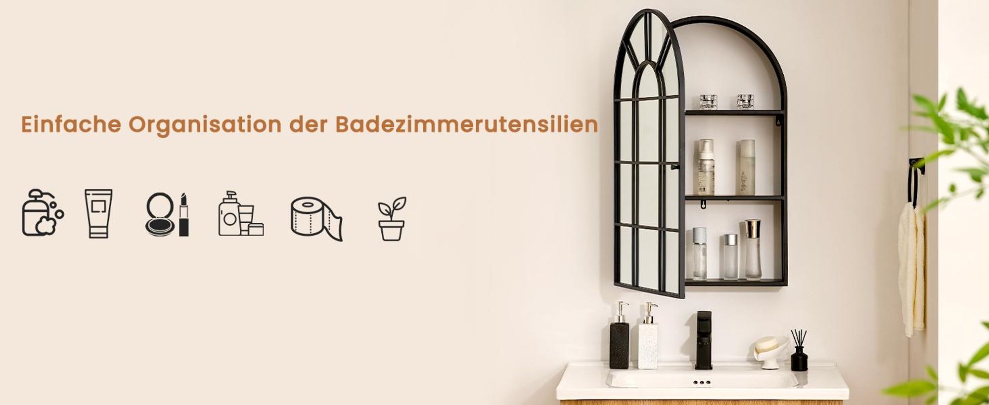 CLIPOP Spiegelschrank mit 1 Tür, 50 x 80 cm Moderne Wand Spiegelschrank mit 2 Einlegeböden in Bogenform und Schwarz Metallrahmen für Badezimmer