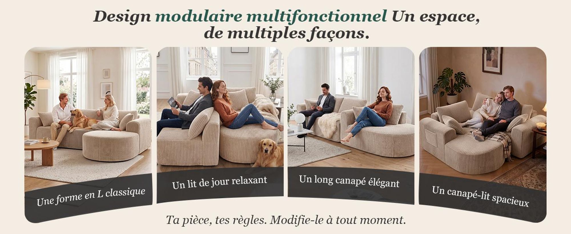 Canapé d'angle COMHOMA avec fonction convertible, 263 cm, en velours, modulaire, sans structure visible, avec chaise longue, canapé d'angle convertible, canapés modulaires avec coussins et poche latérale