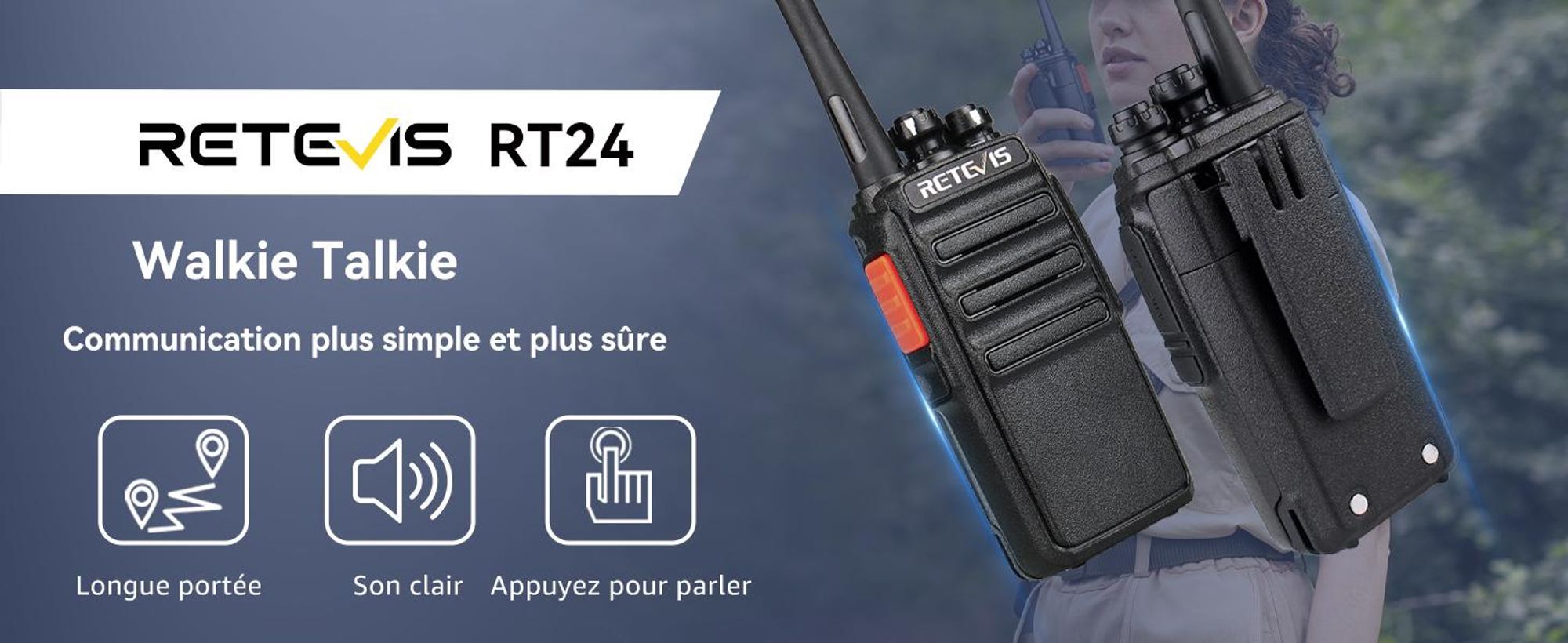Retevis RT24 talkie walkie,Rechargeable,avec Oreillette et USB Base de Chargement, talkie walkie longue portée pour Randonnées, Camping (Noir, 1 Paire
