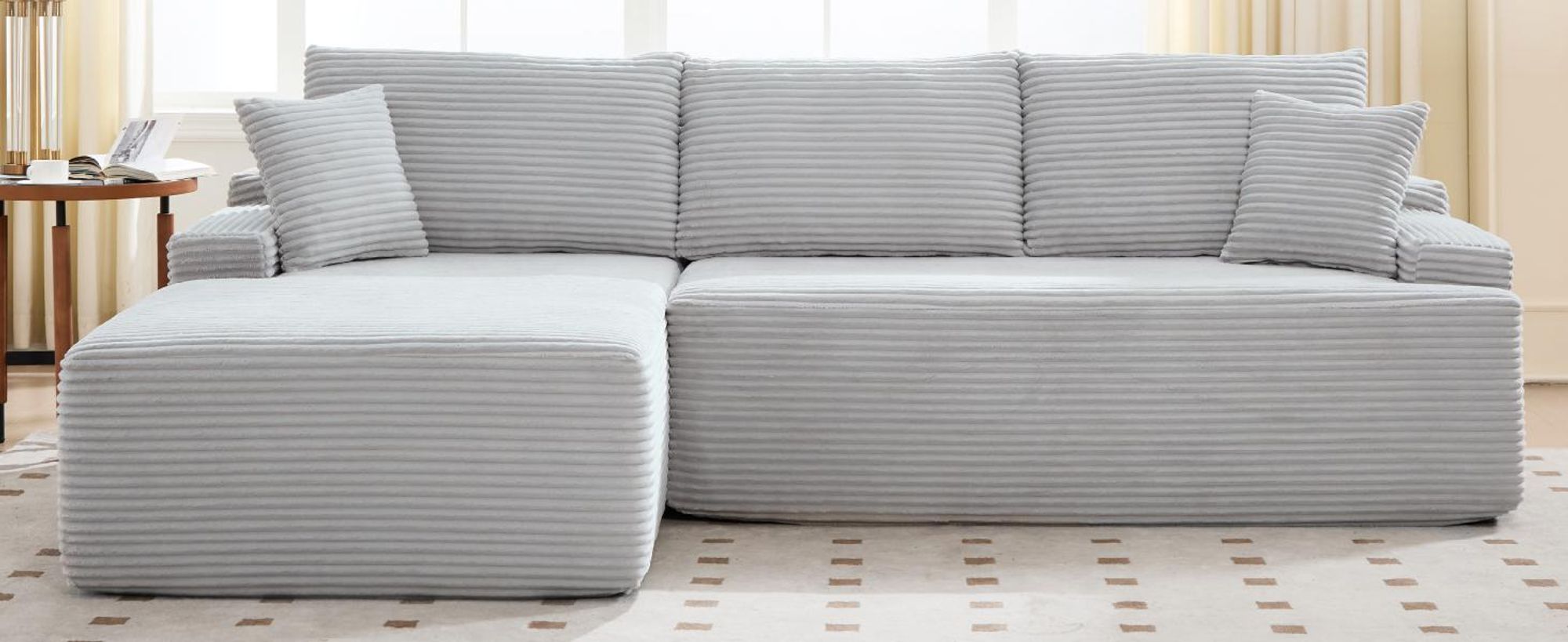 Juskys Sofa Coredo - Hellgrau, moderne Couch aus Cord mit Kissen, Ottomane links