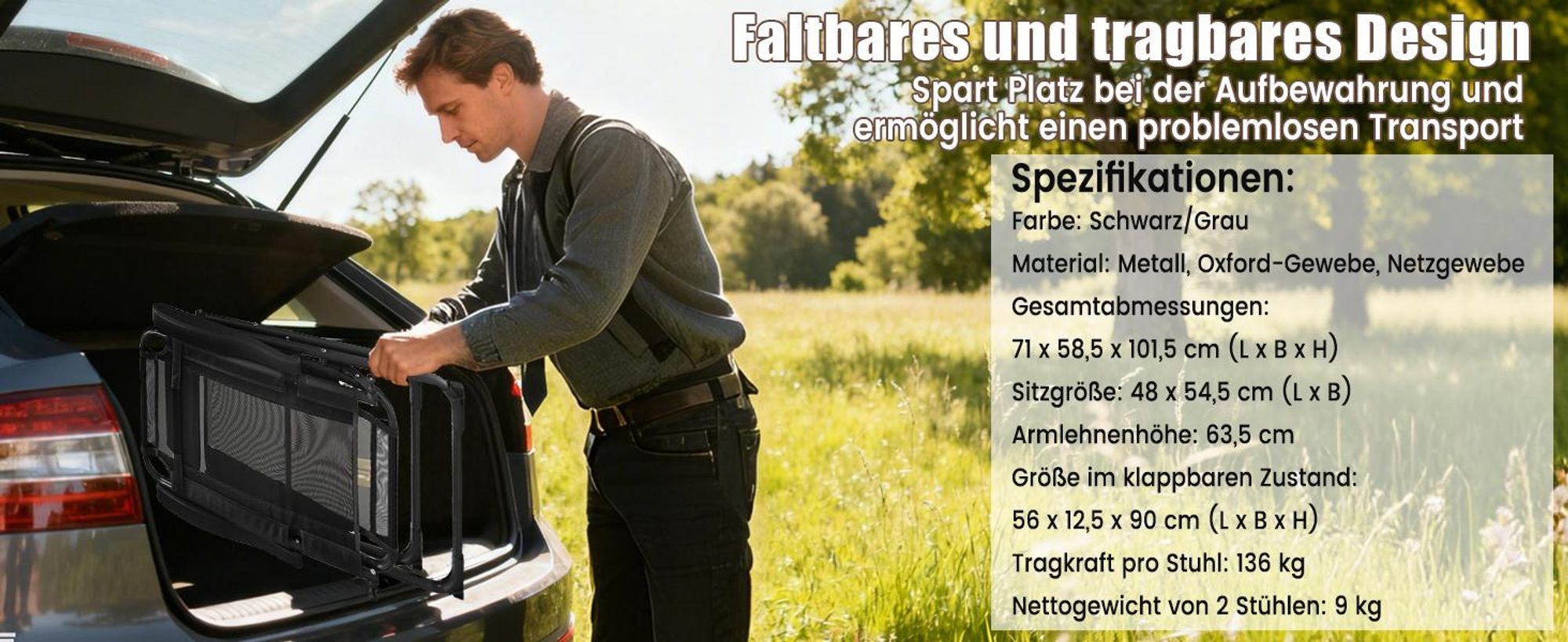 COSTWAY 2er Set Gartenstühle, Klappstühle mit Kopfstütze, klappbarer Outdoor-Stühle mit 7-Fach Verstellbarer Rückenlehne, Hochlehne, atmungsaktiv, für Garten, Terrasse, Hinterhof (Grau)