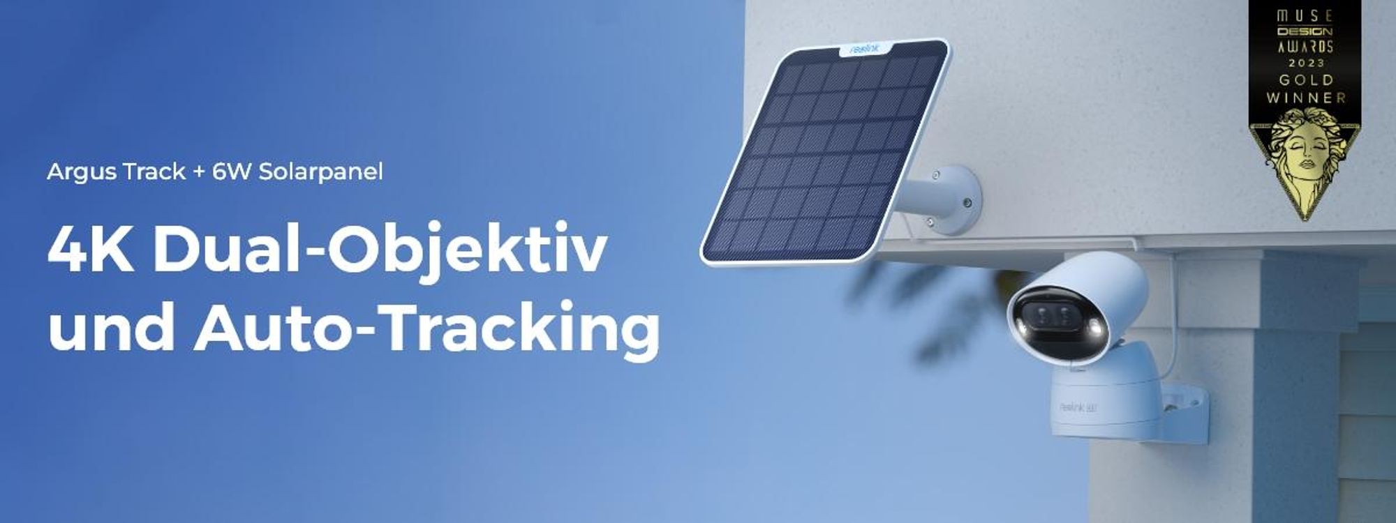Reolink Argus Track+Solarpanel, 4K 8MP Akku WLAN Überwachungskamera Außen, Dual-Objektiv, 5/2,4 GHz WiFi, Auto Tracking & Zoom, Farbnachtsicht
