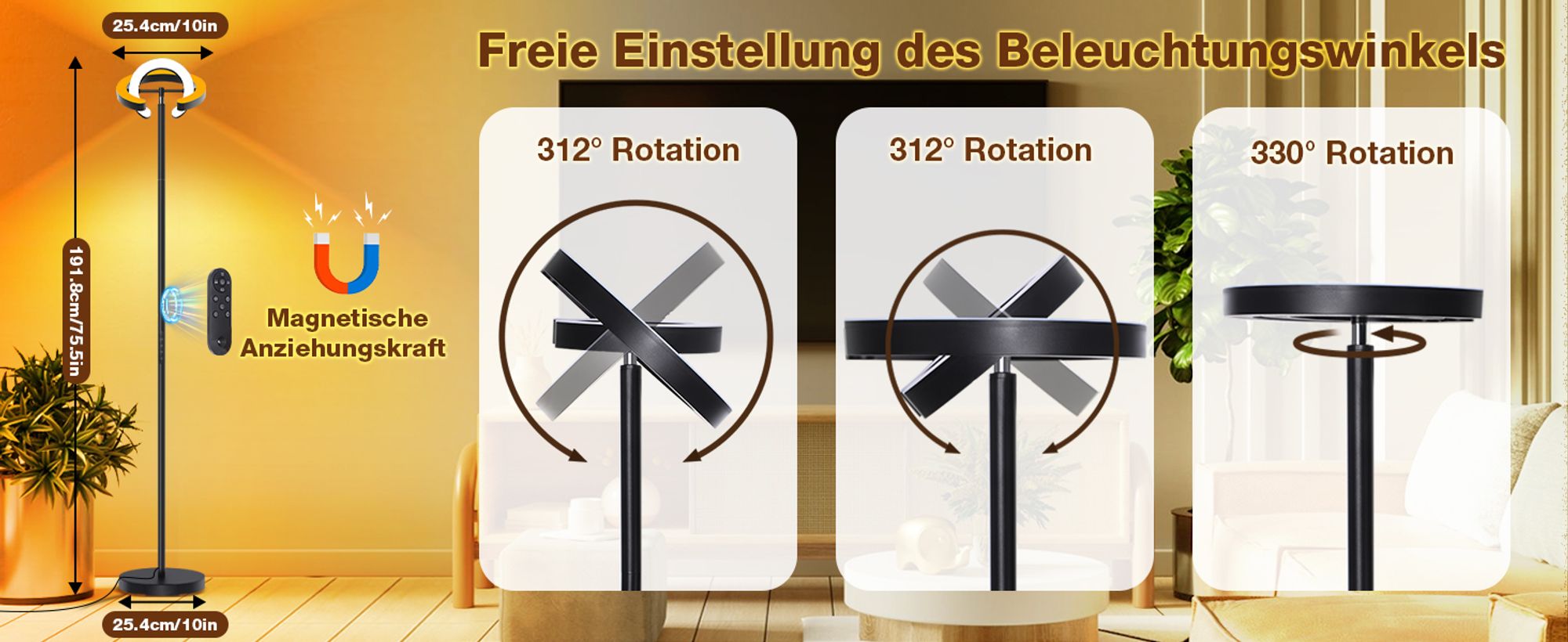LED Stehlampe Dimmbar 1900K-6500K Stehleuchte Drehbarem Doppelring mit Fernbedienung für Arbeitszimmer, Wohnzimmer, Schlafzimmer, Büro